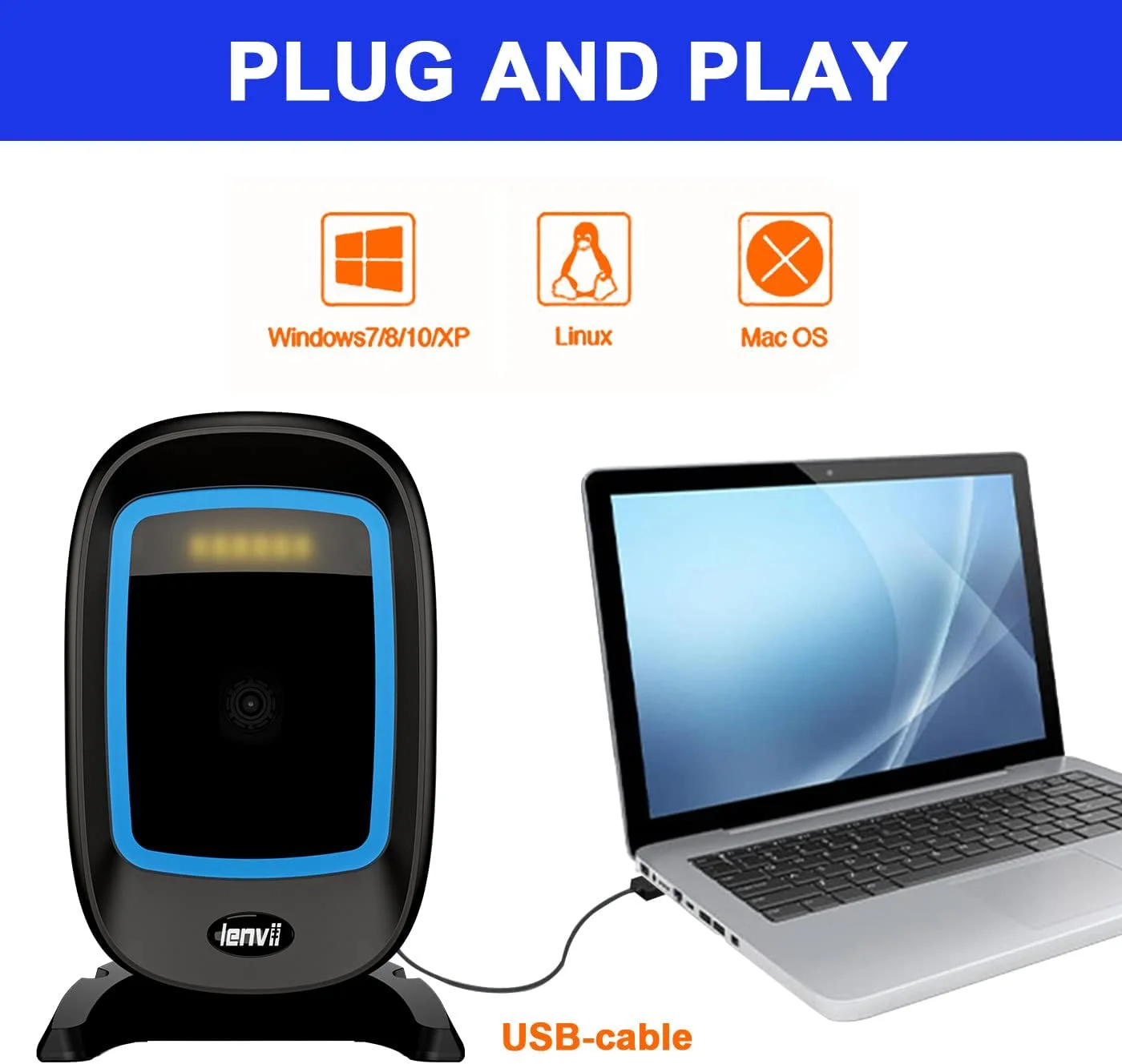 اسکنر بارکد رومیزی LENVII D2200 دو بعدی چند جهته هندزفری اتوماتیک USB اسکنر بارکد خوان کد QR حسگر تصویر اتوماتیک اسکنر بارکد 1D (آبی)