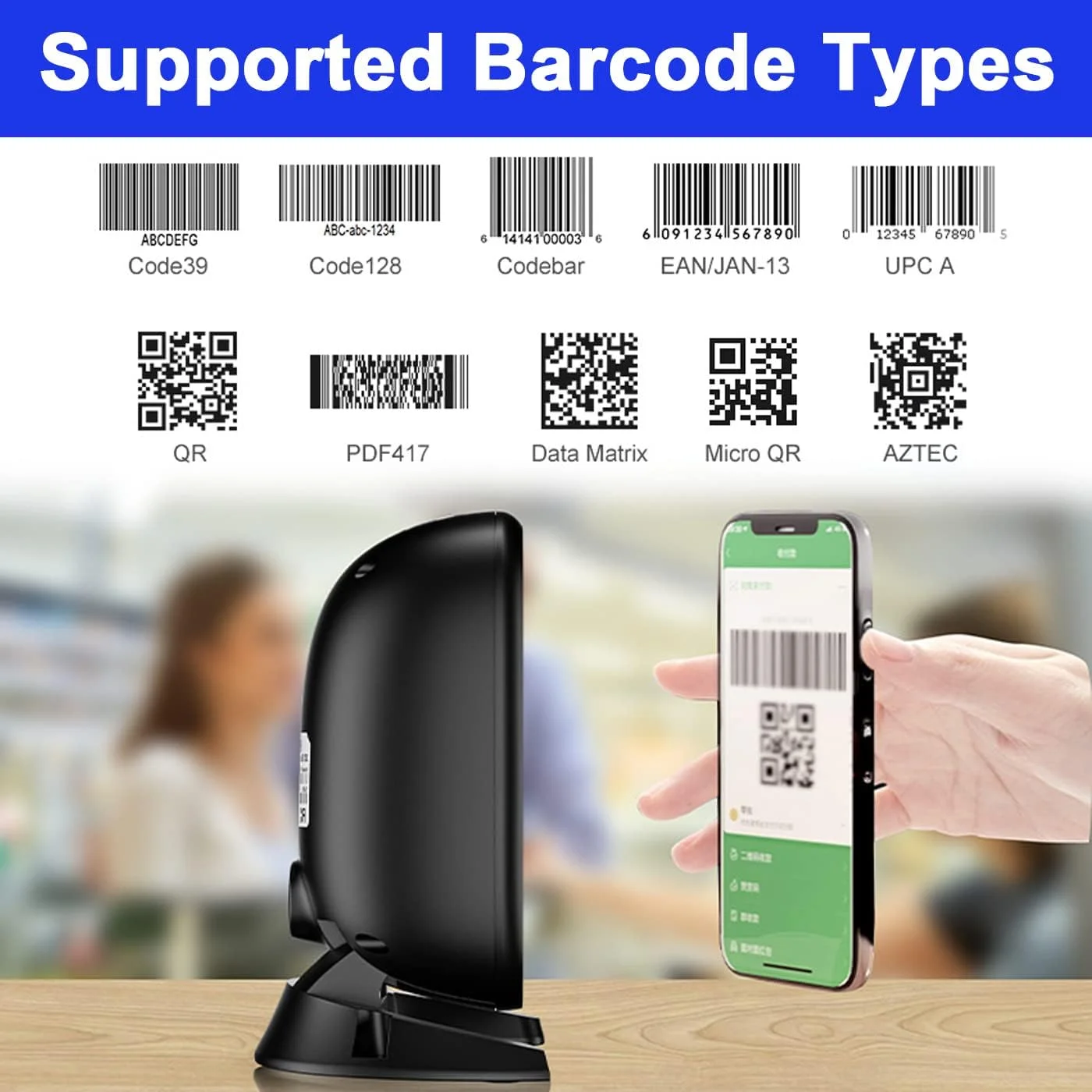 اسکنر بارکد رومیزی LENVII D2200 دو بعدی چند جهته هندزفری اتوماتیک USB اسکنر بارکد خوان کد QR حسگر تصویر اتوماتیک اسکنر بارکد 1D (آبی)