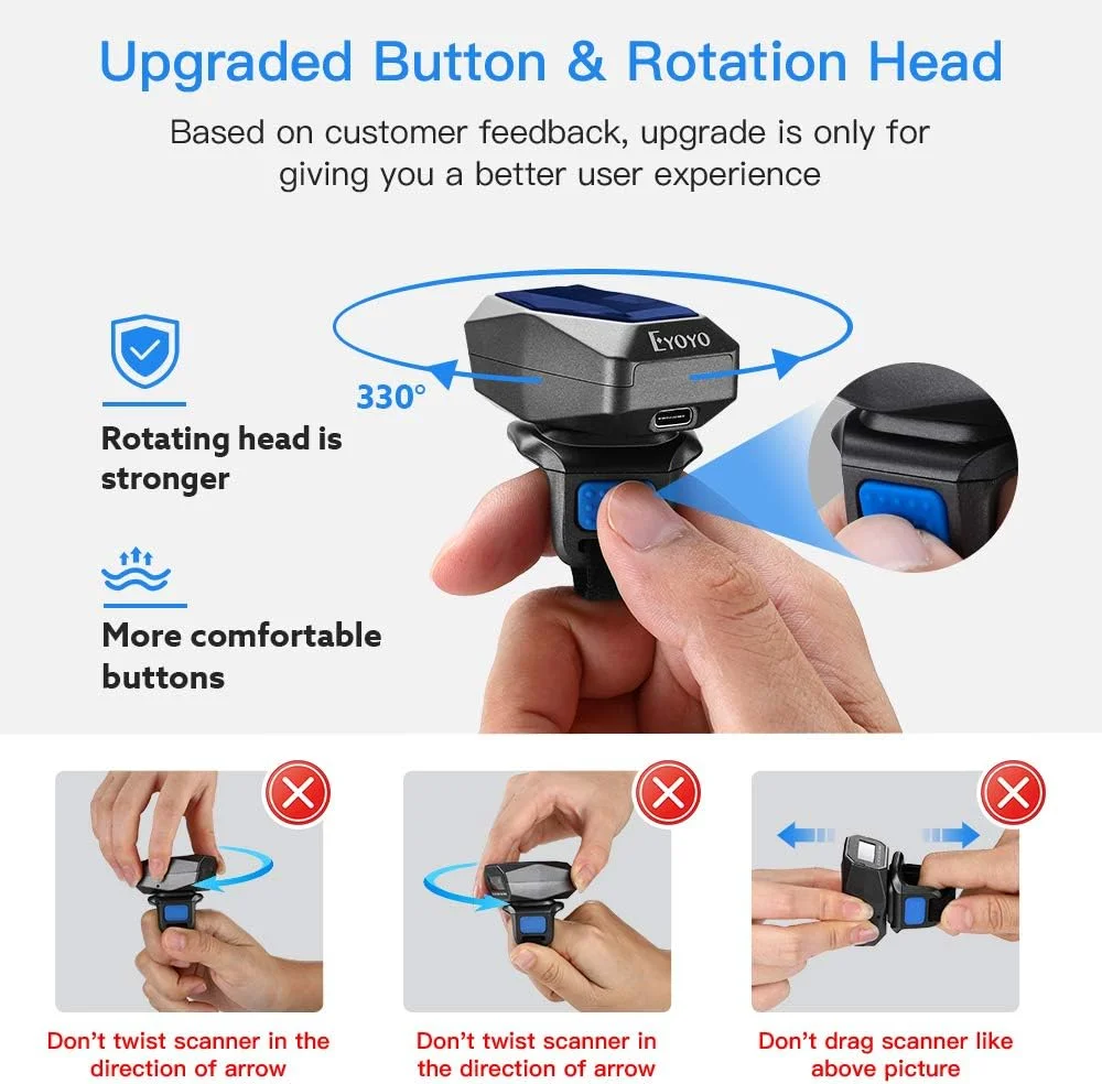اسکنر بارکد انگشتی بی سیم 1D ارتقا یافته Eyoyo با بلوتوث، اسکنر بارکد موجودی سیمی USB 3 در 1، اسکن سریع، بارکد خوان مینی قابل حمل انگشتی برای تبلت آیفون آیپد اندروید ویندوز مک