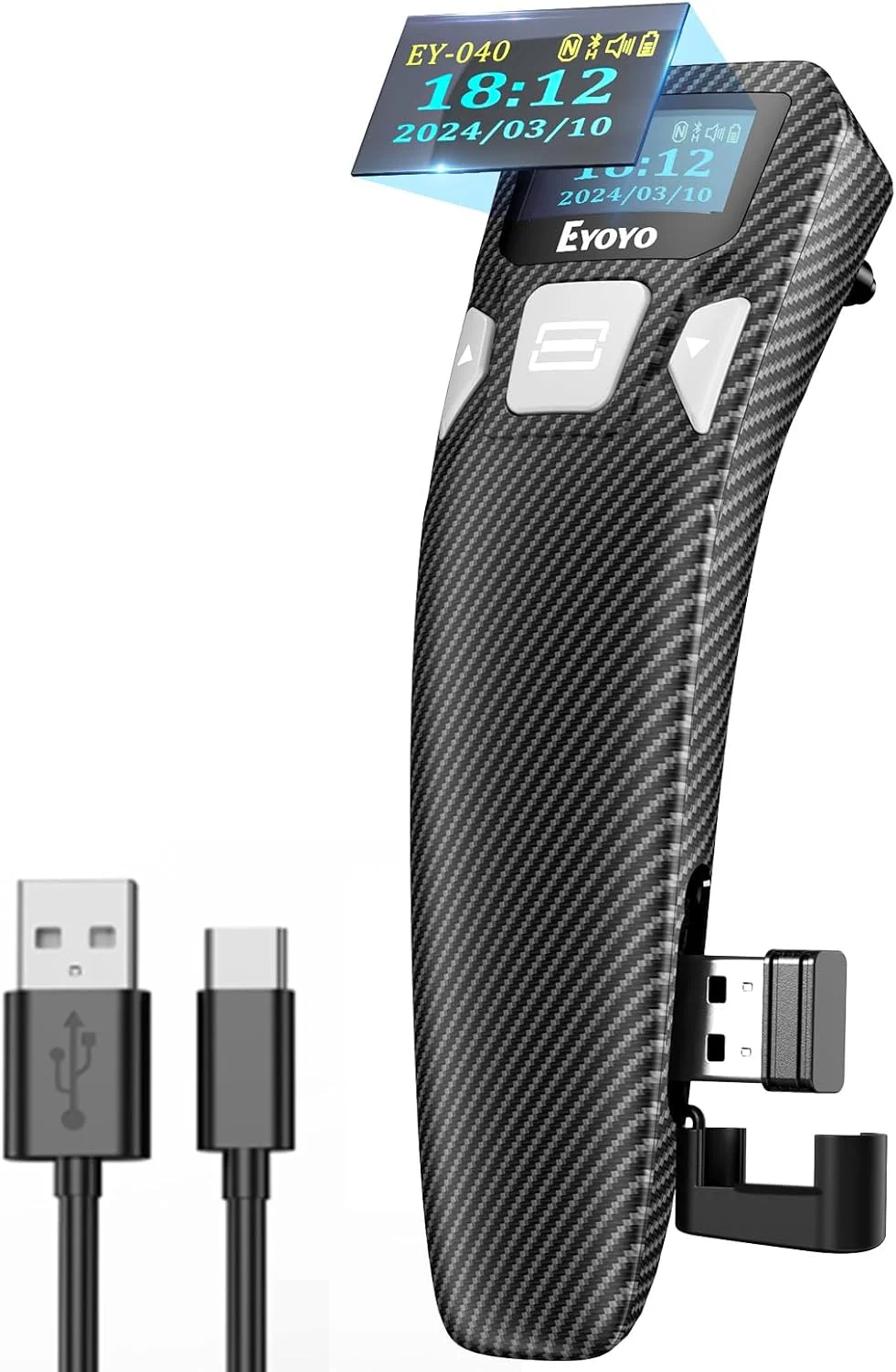 اسکنر بارکد بلوتوثی کوچک و قابل حمل Eyoyo EY040 2D با نمایشگر دیجیتال هوشمند، اسکنر بی‌سیم و سیمی USB 1D UPC QR کد خوان برای کتابخانه سازگار با تلفن اندروید، آیفون، آیپد، لپ‌تاپ