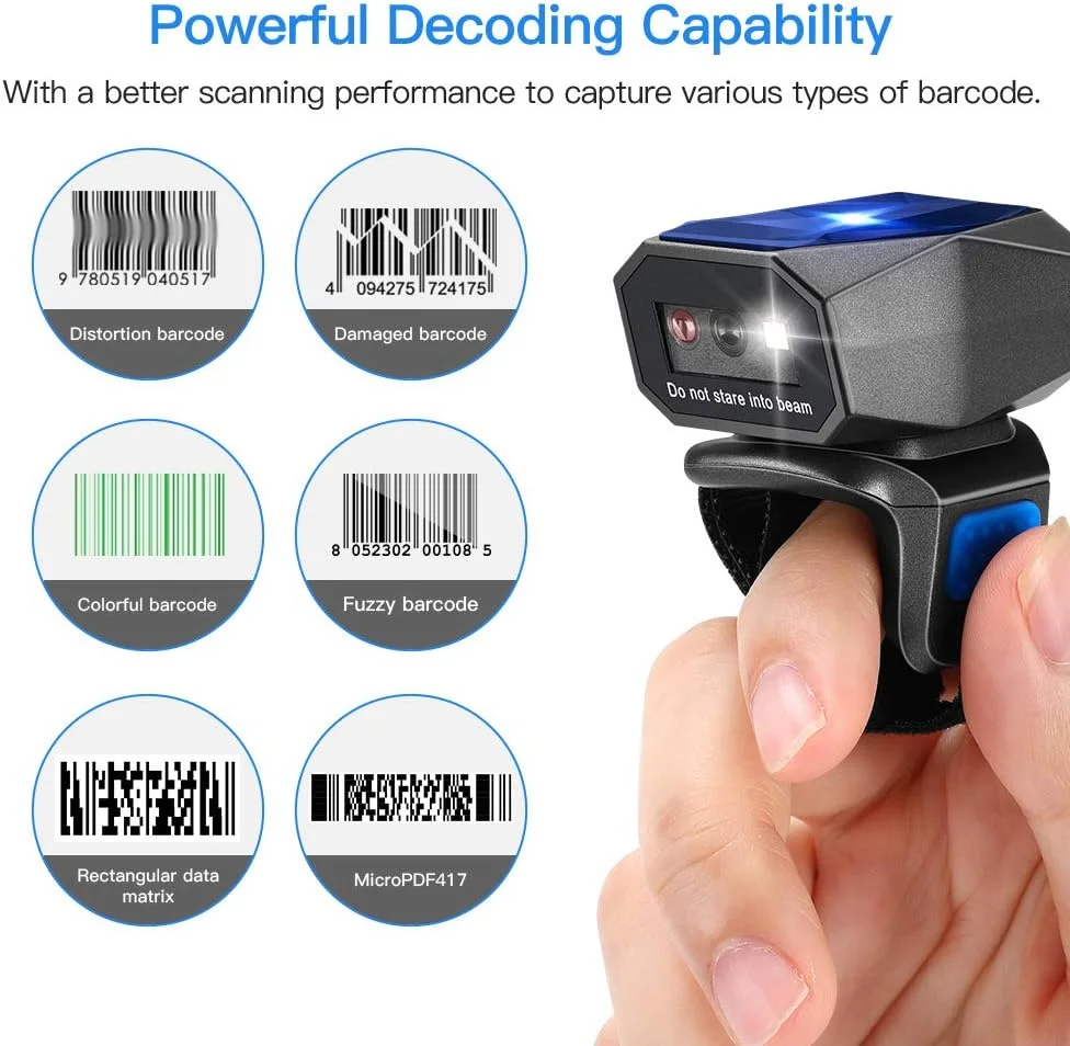 اسکنر بارکد حلقه ای دو بعدی ارتقا یافته Eyoyo، اسکنر بارکد کوچک پوشیدنی بلوتوث، USB سیمی و بی سیم 2.4G و بلوتوث، بارکد خوان تصویر QR دو بعدی 1D ماتریس داده PDF417 برای آیفون، اندروید، تبلت، رایانه شخصی