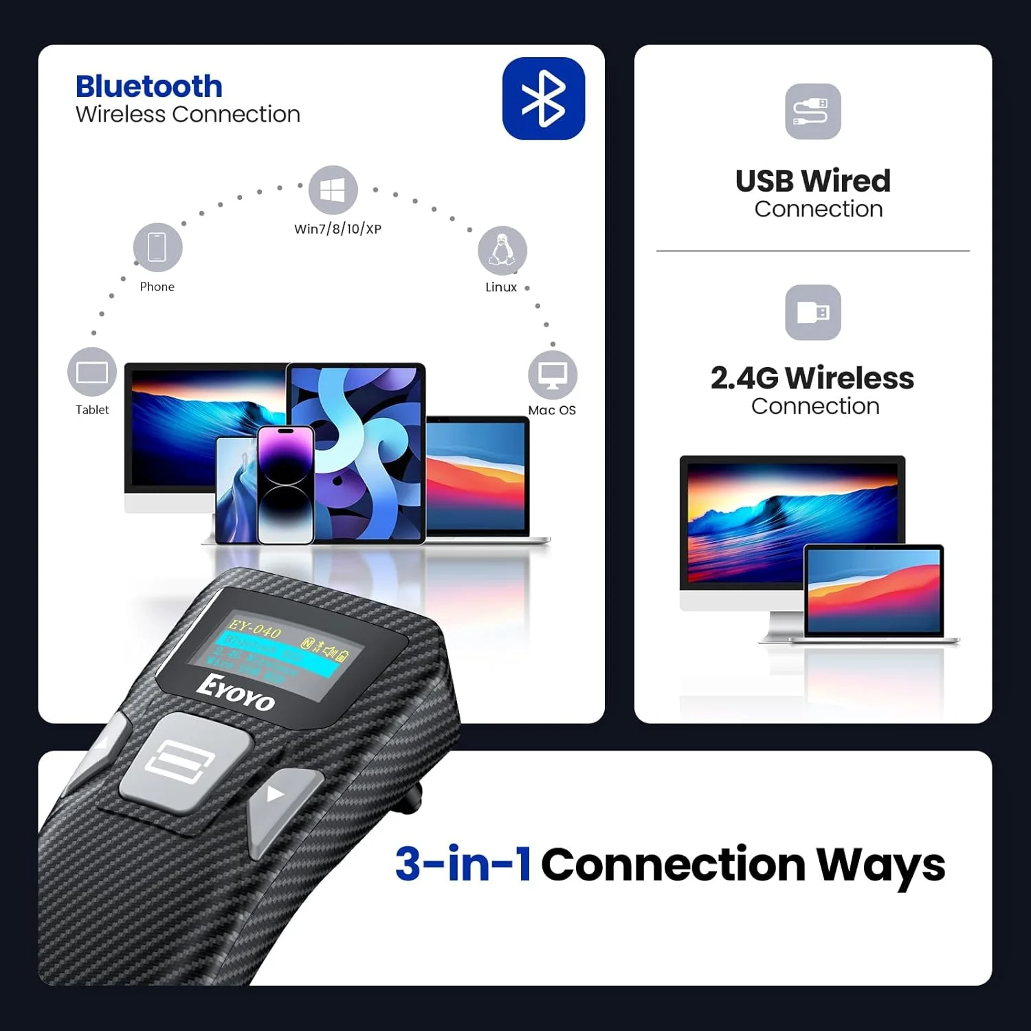 اسکنر بارکد بلوتوثی کوچک و قابل حمل Eyoyo EY040 2D با نمایشگر دیجیتال هوشمند، اسکنر بی‌سیم و سیمی USB 1D UPC QR کد خوان برای کتابخانه سازگار با تلفن اندروید، آیفون، آیپد، لپ‌تاپ