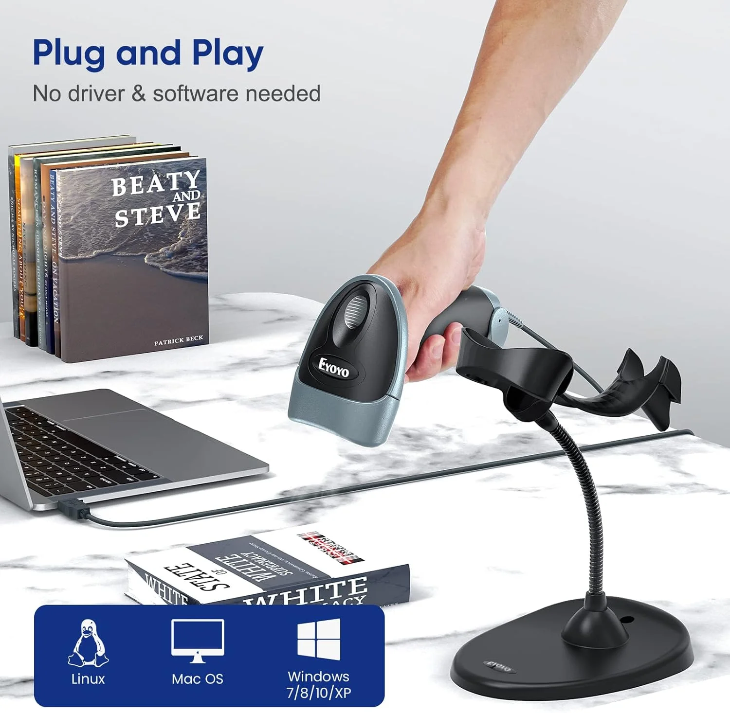 اسکنر بارکد سیمی 1D 2D Eyoyo با پایه گردن غازی، بارکد خوان دستی سیمی USB بدون نیاز به دست، اسکنر تصویربردار کد QR ماتریس داده PDF417 خودکار برای سیستم POS کامپیوتر، فروشگاه کتابخانه، سوپرمارکت