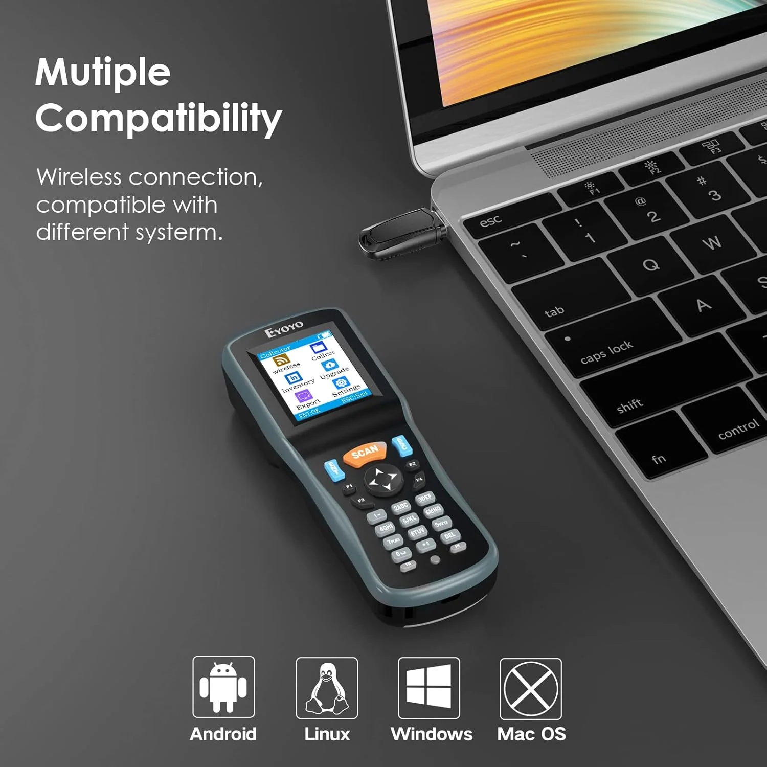 اسکنر انبارداری دو بعدی Eyoyo، اسکنر بارکد بی سیم QR 1D قابل حمل، دستگاه ترمینال داده دستی با صفحه نمایش LCD رنگی 2.2 اینچی TFT مناسب برای انبار اکسپرس