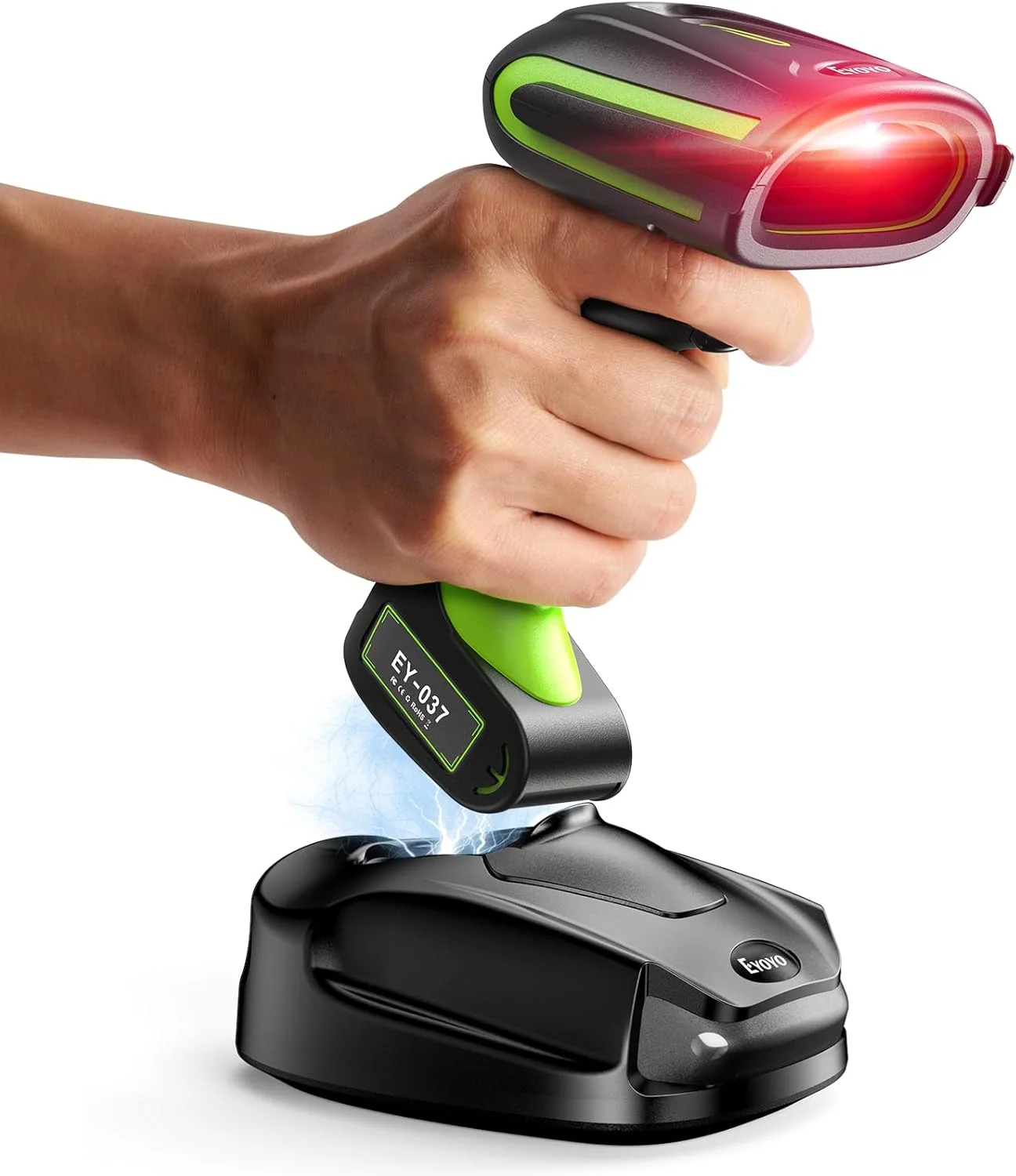 اسکنر بارکد صنعتی دو بعدی QR Eyoyo با پایه شارژ بی سیم، مقاوم و سنگین و ضد آب IP65، بارکد خوان هندزفری 3 در 1 بلوتوث و بی سیم و USB برای لپ تاپ، دسکتاپ، تبلت، اندروید