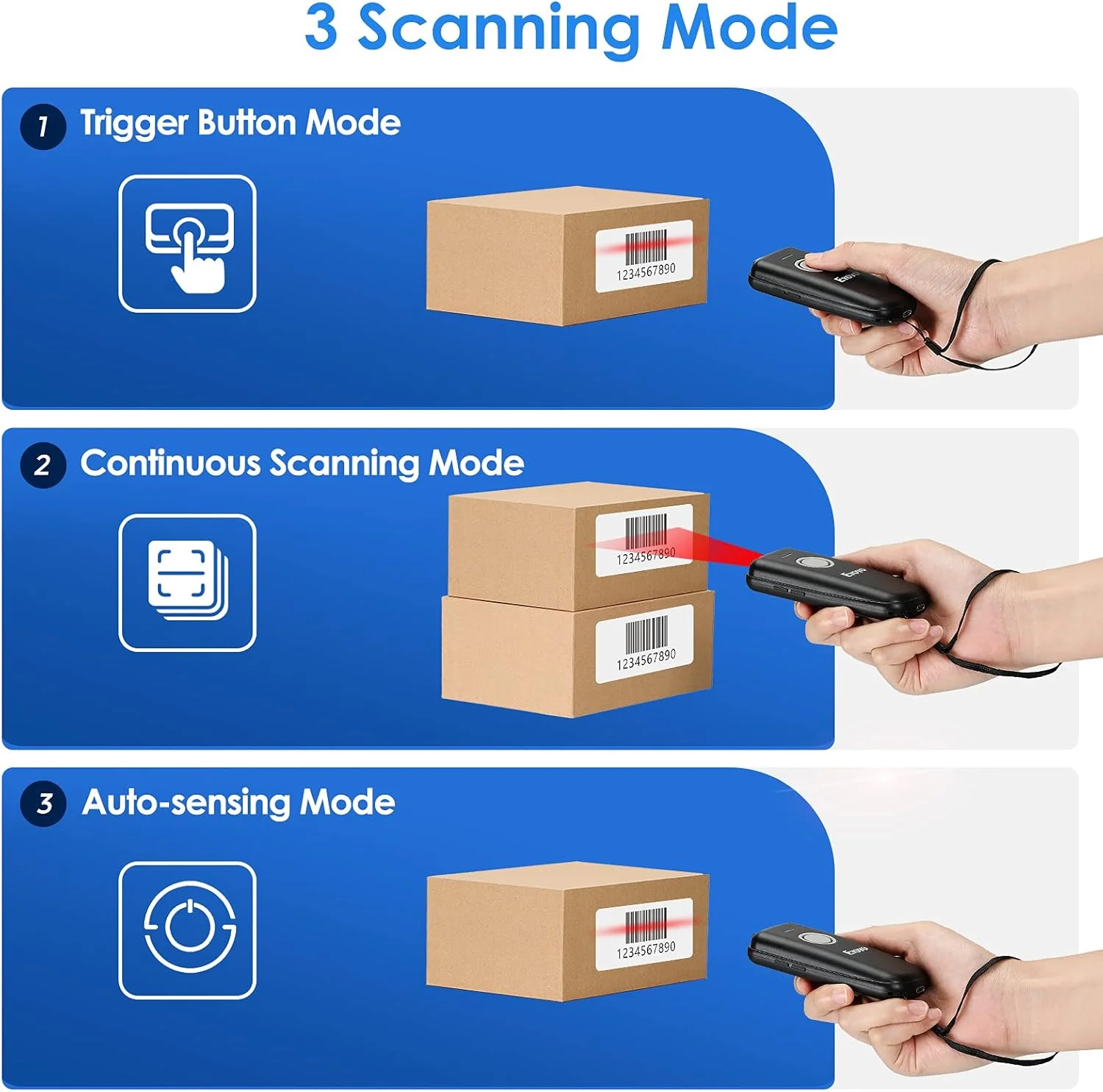 اسکنر بارکد بلوتوثی بی‌سیم مینی Eyoyo 1D، با دکمه روشن/خاموش، دکمه افزایش/کاهش صدا، باتری قابل شارژ 1500mAh، بارکد خوان قابل حمل برای ویندوز، کامپیوتر مک، اندروید، تلفن های iOS