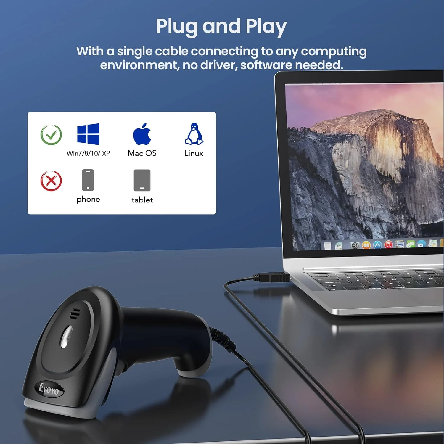 اسکنر بارکد دوبعدی Eyoyo QR با قابلیت اسکن از صفحه نمایش، اسکنر بارکد سیمی قابل حمل با کابل USB برای سوپرمارکت ها، داروخانه ها، کتابخانه ها و فروشگاه ها