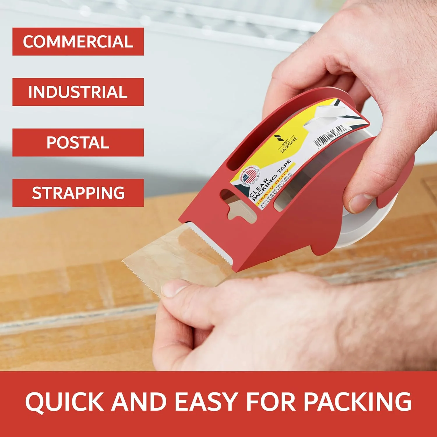 نوار چسب بسته بندی ضخیم SSCDesigns، شفاف، قوی، برای حمل و نقل و پست، بسته بندی، مهر و موم کردن، جابجایی جعبه ها، لوازم اداری، کسب و کارهای کوچک، 4.8 سانتی متر × 21 متر، هسته 3.8 سانتی متری، همراه با پخش کننده، 1 عدد