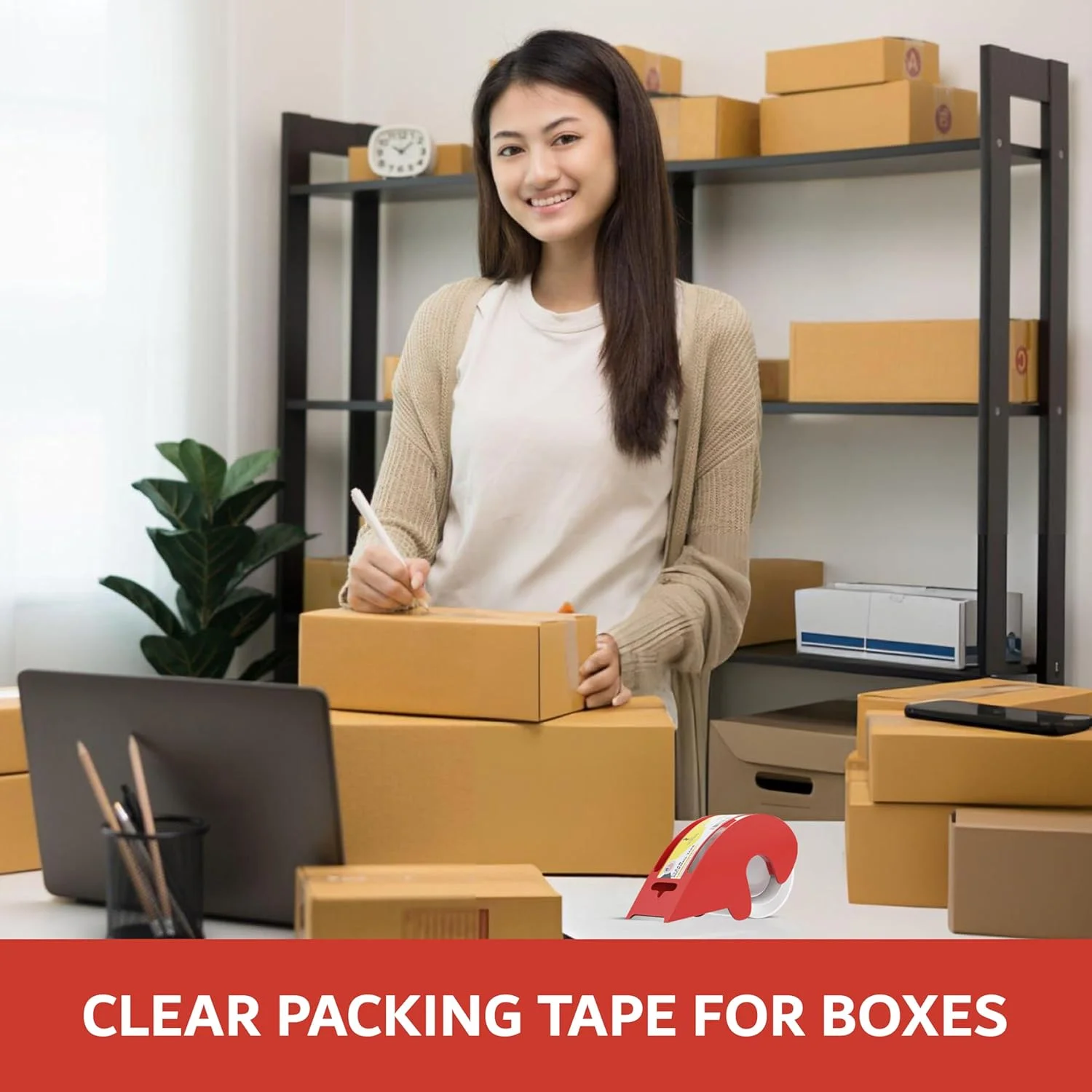 نوار چسب بسته بندی ضخیم SSCDesigns، شفاف، قوی، برای حمل و نقل و پست، بسته بندی، مهر و موم کردن، جابجایی جعبه ها، لوازم اداری، کسب و کارهای کوچک، 4.8 سانتی متر × 21 متر، هسته 3.8 سانتی متری، همراه با پخش کننده، 1 عدد