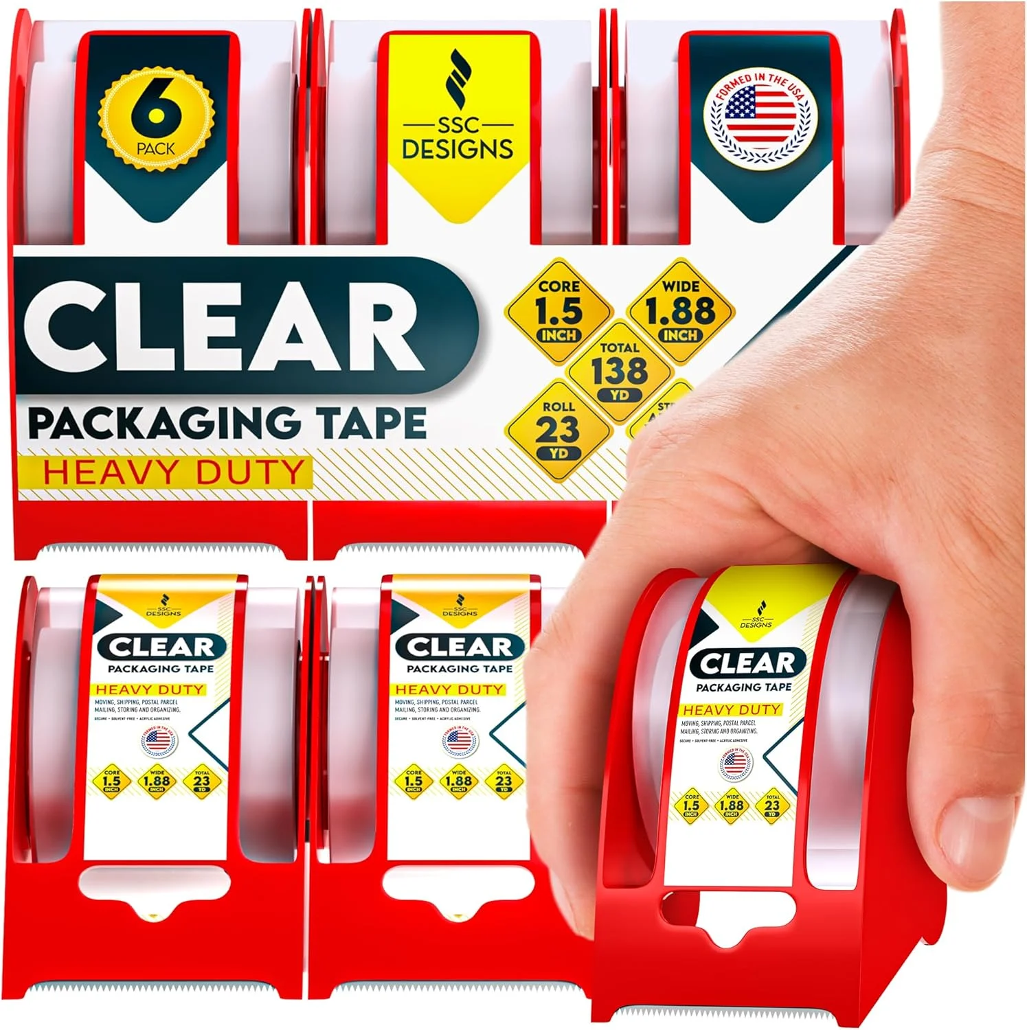 نوار چسب بسته بندی ضخیم SSCDesigns، شفاف، قوی، برای حمل و نقل و پست، بسته بندی، مهر و موم کردن، جابجایی جعبه ها، لوازم اداری، کسب و کارهای کوچک، 4.8 سانتی متر × 21 متر، هسته 3.8 سانتی متری، همراه با پخش کننده، 1 عدد