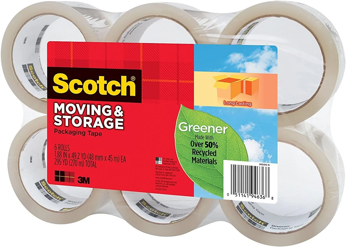 نوار بسته بندی حمل و نقل تجاری Scotch Greener، 48 میلی متر × 35 متر، شفاف، 6 رول در بسته نوار بسته بندی حمل و نقل تجاری Scotch Greener، 48 میلی متر × 35 متر، شفاف، 6 رول در بسته