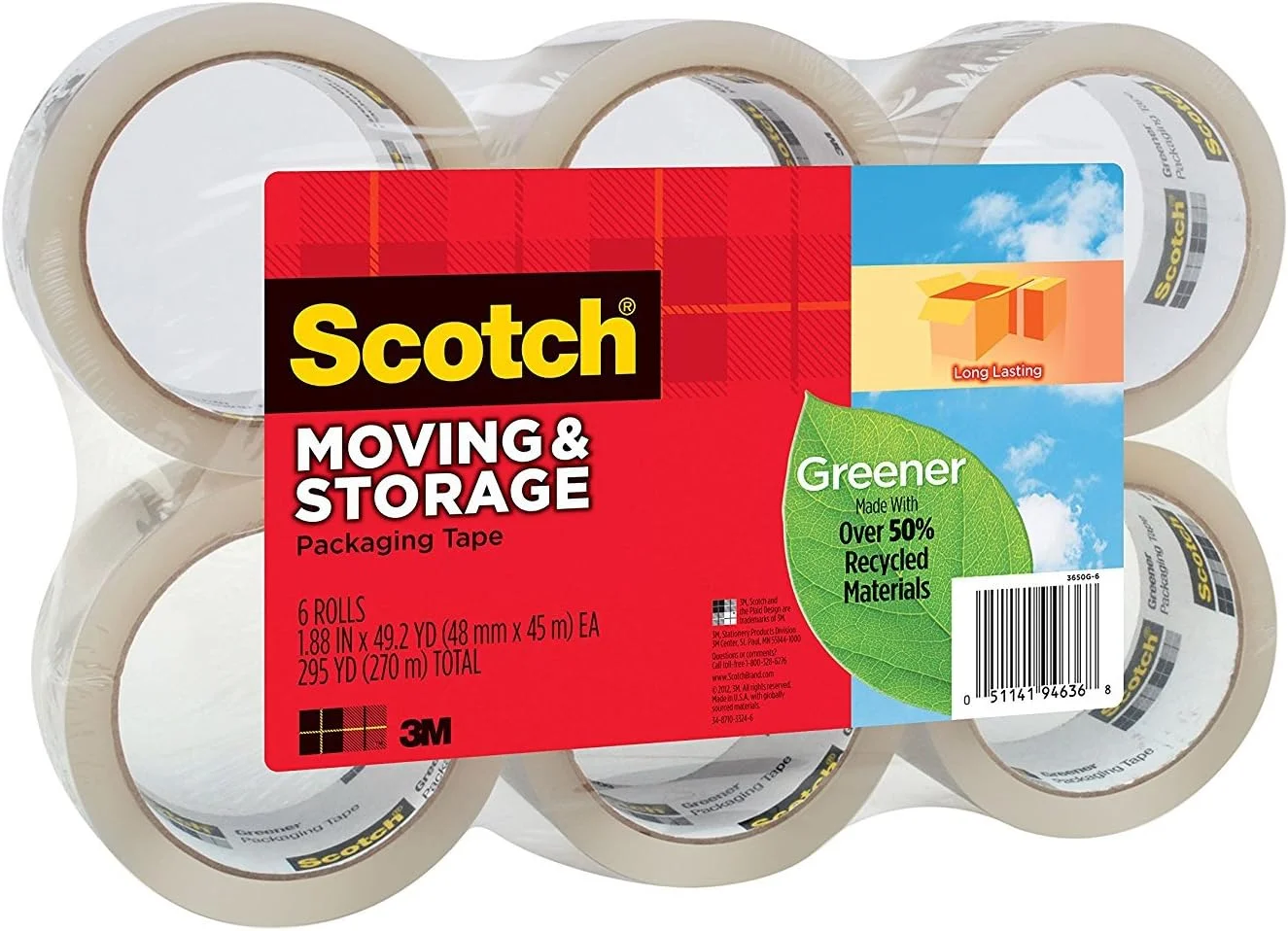 نوار بسته بندی حمل و نقل تجاری Scotch Greener، 48 میلی متر × 35 متر، شفاف، 6 رول در بسته نوار بسته بندی حمل و نقل تجاری Scotch Greener، 48 میلی متر × 35 متر، شفاف، 6 رول در بسته