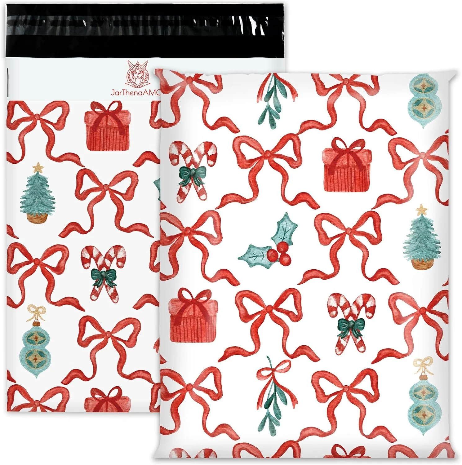 جارترناAMCS بسته 100 عددی پاکت پستی پلی کریسمس سایز 10x13 اینچ طرح پاپیون قرمز آب نبات عصایی پاکت های پستی کریسمس پلاستیکی خود چسب بسته بندی کیسه های پستی برای کسب و کارهای کوچک پوشاک