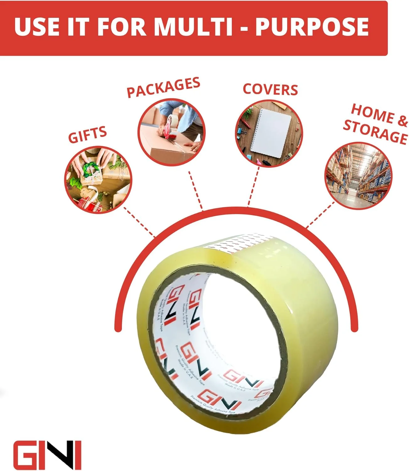 نوار چسب بسته بندی شفاف GINI | 48 میلی متر × 50 یارد، نوار بسته بندی قوی و سنگین برای مهر و موم کردن جعبه های بسته، جعبه های اسباب کشی، کیسه های پستی بزرگ، لوازم اداری [4 رول]