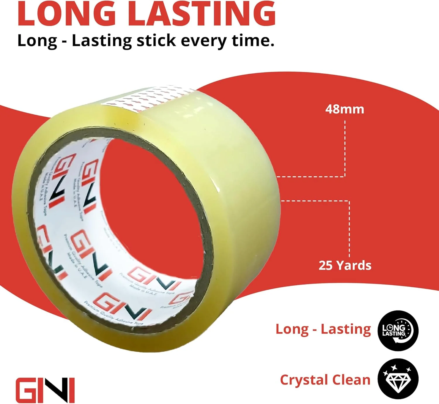 نوار چسب بسته بندی شفاف GINI | 48 میلی متر × 50 یارد، نوار بسته بندی قوی و سنگین برای مهر و موم کردن جعبه های بسته، جعبه های اسباب کشی، کیسه های پستی بزرگ، لوازم اداری [4 رول]