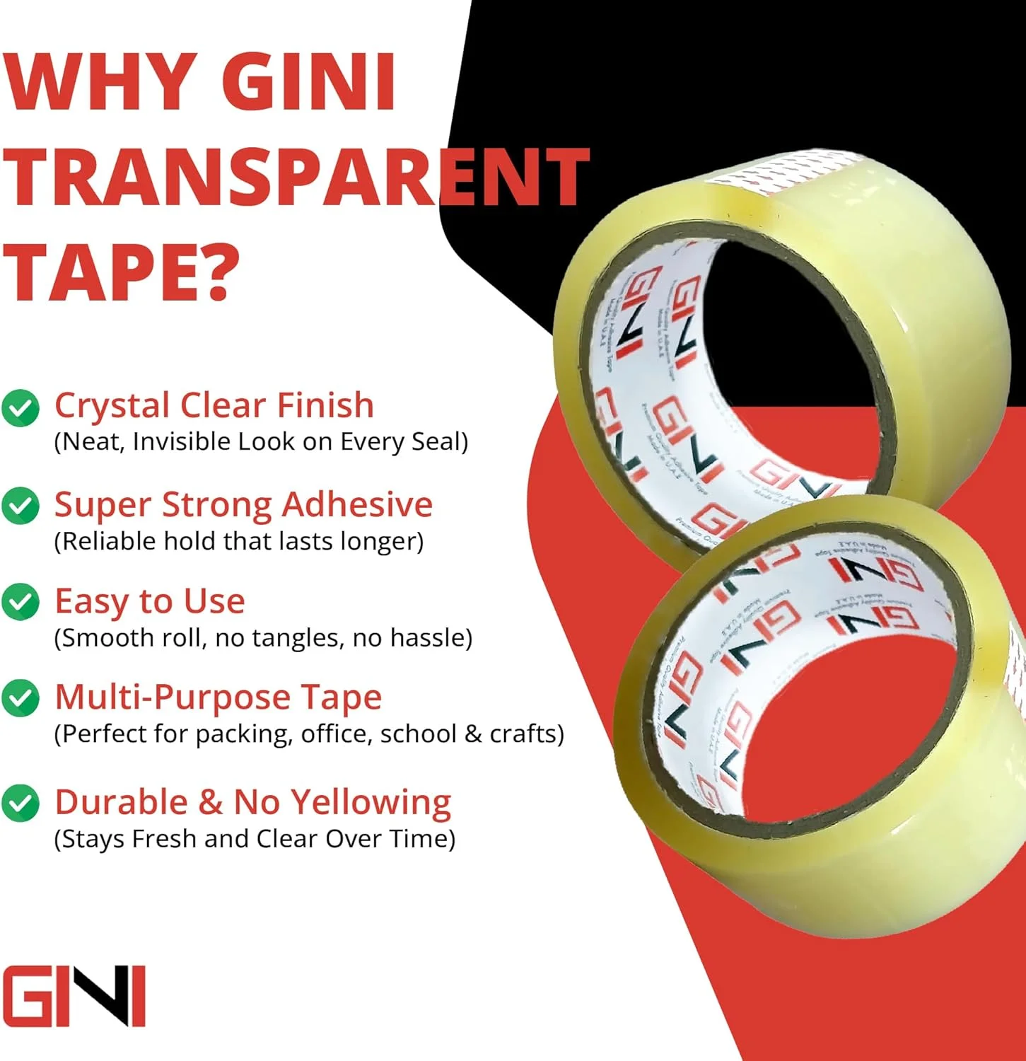 نوار چسب بسته بندی شفاف GINI | 48 میلی متر × 50 یارد، نوار بسته بندی قوی و سنگین برای مهر و موم کردن جعبه های بسته، جعبه های اسباب کشی، کیسه های پستی بزرگ، لوازم اداری [4 رول]