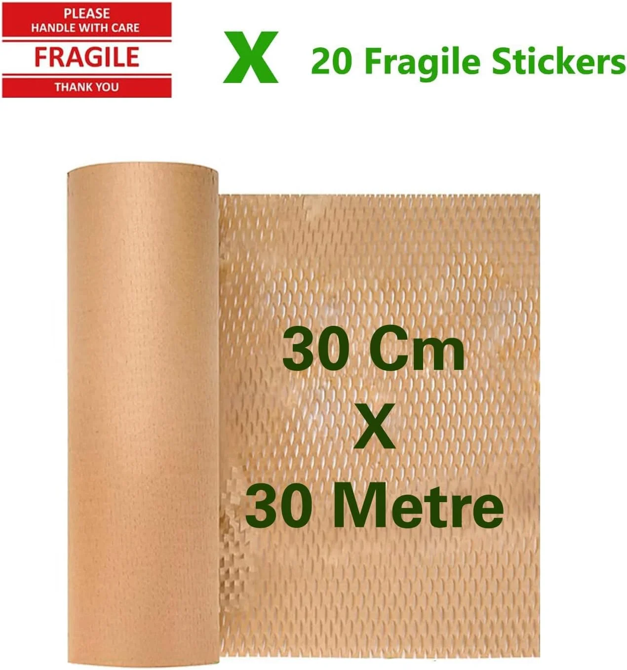 کاغذ بسته‌بندی لانه زنبوری تجزیه‌پذیر با 20 برچسب شکستنی - جایگزین سازگار با محیط زیست برای پلاستیک حباب‌دار برای بسته‌بندی اقلام ظریف - مواد بسته‌بندی قابل بازیافت ساخته شده از کاغذ (30 سانتی‌متر × 30 متر)