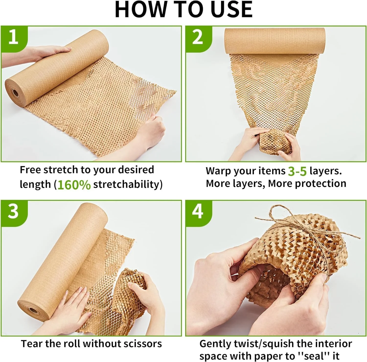 کاغذ بسته‌بندی لانه زنبوری تجزیه‌پذیر با 20 برچسب شکستنی - جایگزین سازگار با محیط زیست برای پلاستیک حباب‌دار برای بسته‌بندی اقلام ظریف - مواد بسته‌بندی قابل بازیافت ساخته شده از کاغذ (30 سانتی‌متر × 30 متر)