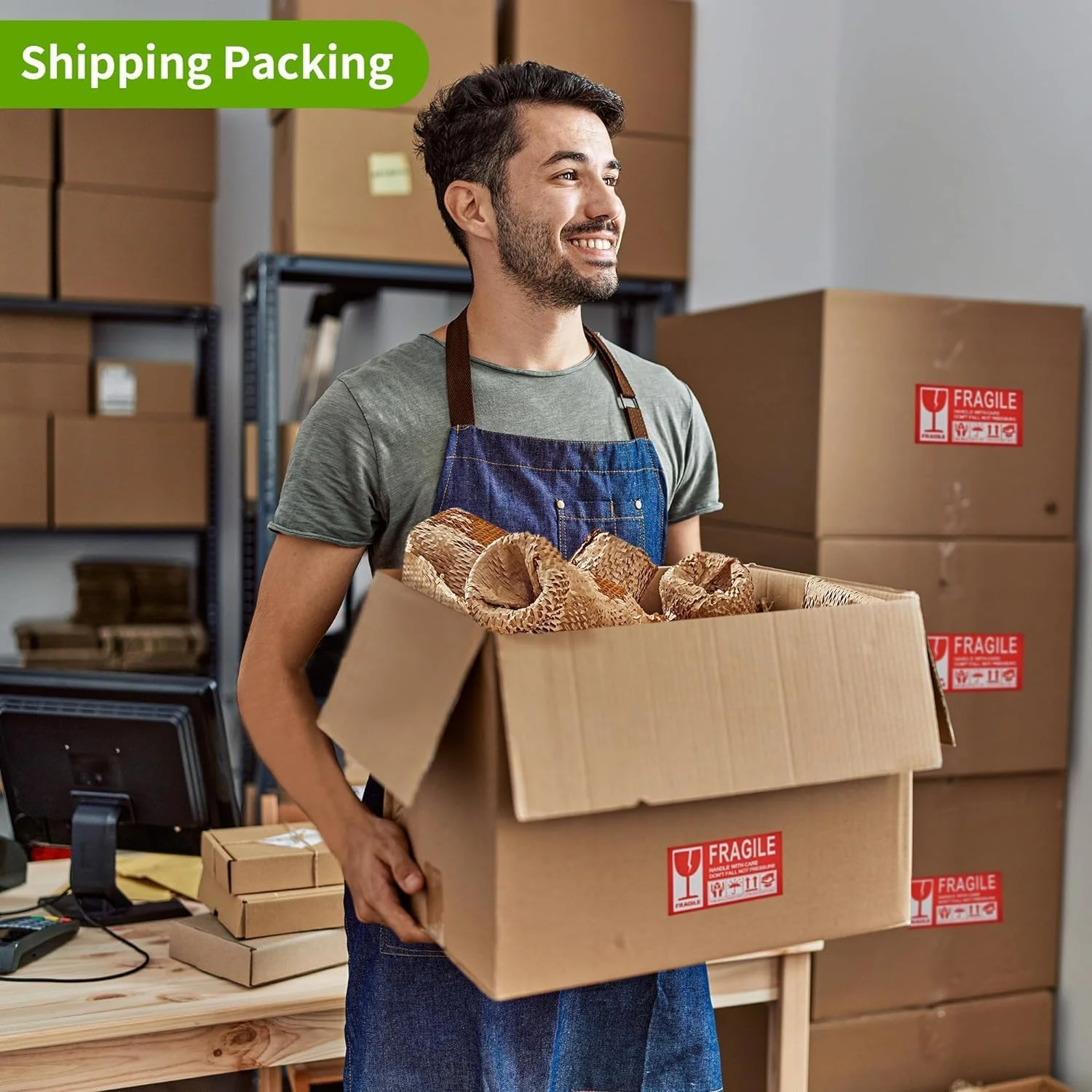 کاغذ بسته‌بندی لانه زنبوری تجزیه‌پذیر با 20 برچسب شکستنی - جایگزین سازگار با محیط زیست برای پلاستیک حباب‌دار برای بسته‌بندی اقلام ظریف - مواد بسته‌بندی قابل بازیافت ساخته شده از کاغذ (30 سانتی‌متر × 30 متر)