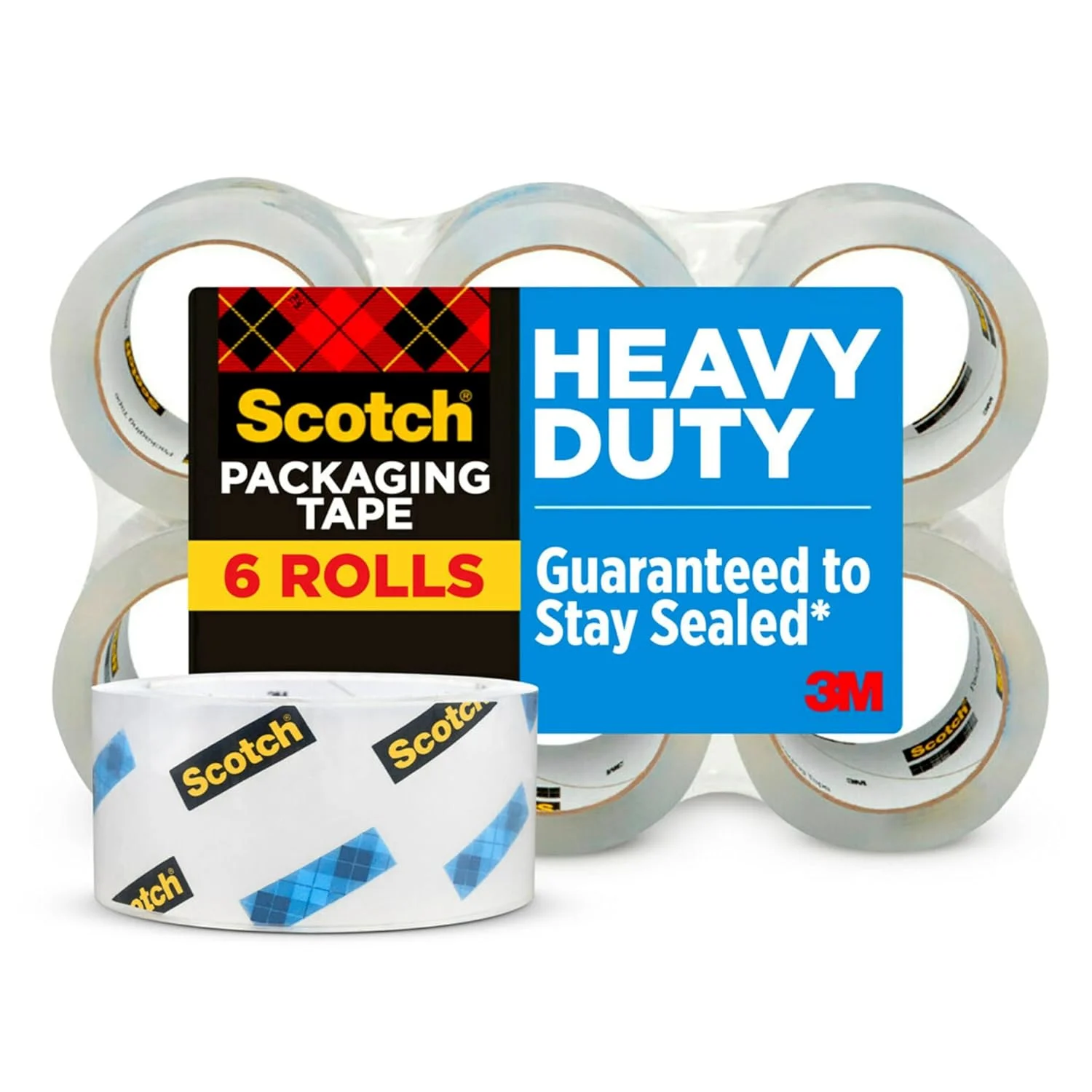 نوار بسته بندی سنگین 3M Scotch، 48 میلی متر × 50 متر، طراحی شده برای بسته بندی، حمل و نقل و پست، مهر و موم قوی روی انواع جعبه، هسته 76 میلی متری، شفاف، 6 رول (3850-6)