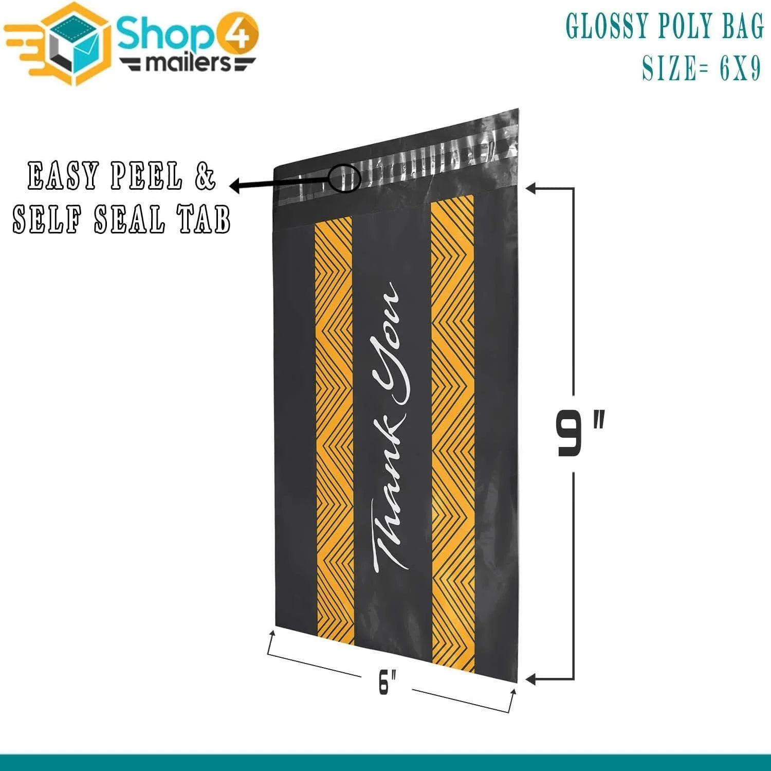 پاکت پستی پلاستیکی مشکی براق Shop4Mailers با طرح تشکر، سایز 6x9 اینچ، ضد آب، مناسب ارسال پوشاک، لباس، پیراهن، کتاب - چسب دائمی (بسته 100 عددی)