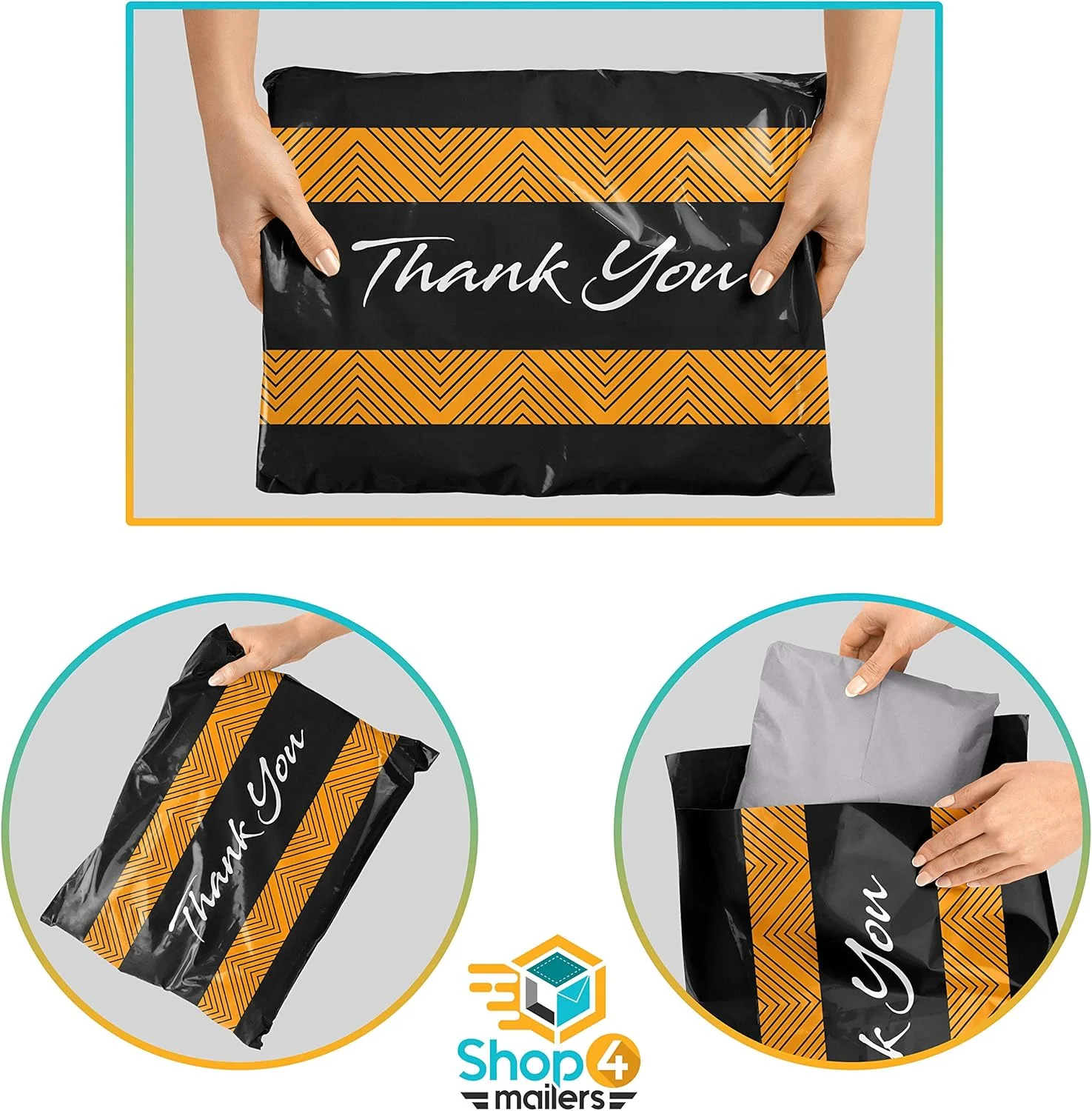 پاکت پستی پلاستیکی مشکی براق Shop4Mailers با طرح تشکر، سایز 6x9 اینچ، ضد آب، مناسب ارسال پوشاک، لباس، پیراهن، کتاب - چسب دائمی (بسته 100 عددی)