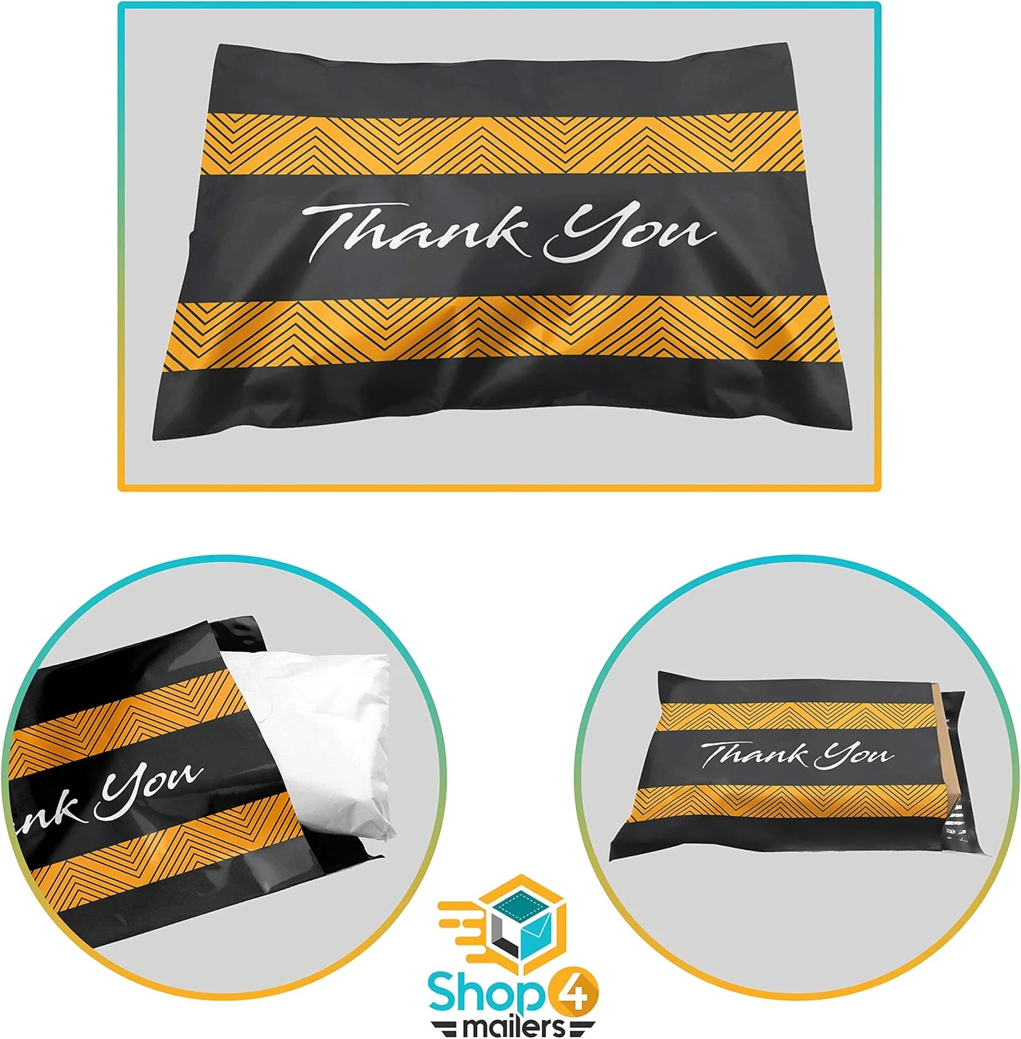 پاکت پستی پلاستیکی مشکی براق Shop4Mailers با طرح تشکر، سایز 6x9 اینچ، ضد آب، مناسب ارسال پوشاک، لباس، پیراهن، کتاب - چسب دائمی (بسته 100 عددی)