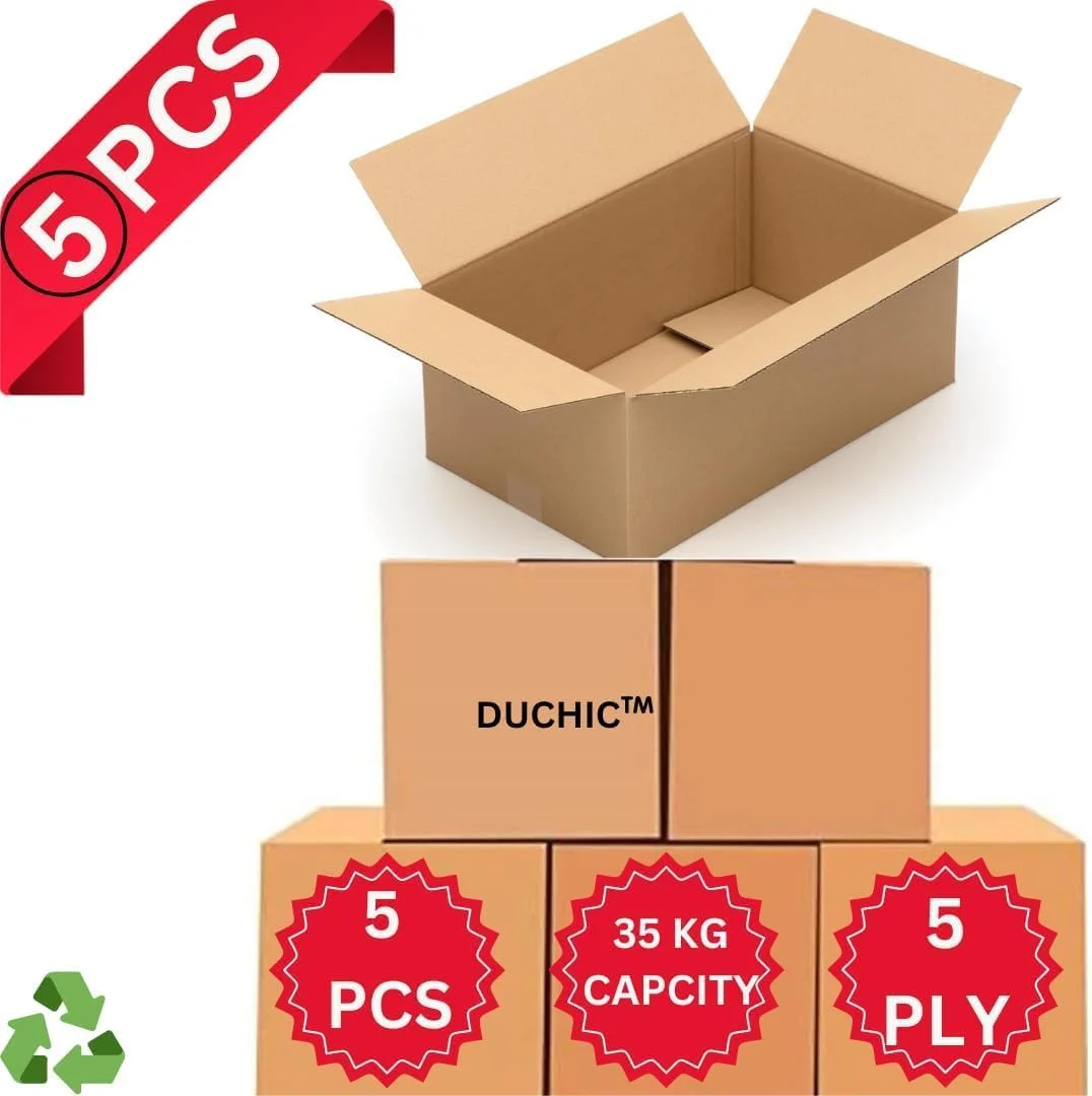 بسته 5 عددی جعبه های مقوایی اسباب کشی Duchic™، ظرفیت 35 کیلوگرم، 90x47x31 سانتی متر، [1 رول] سلفون استرچ شفاف - 500 میلی متر (1.3 کیلوگرم)، چسب بسته بندی شفاف [2 اینچ x 50 یارد] چسب بسته بندی قوی و سنگین برای مهر و موم