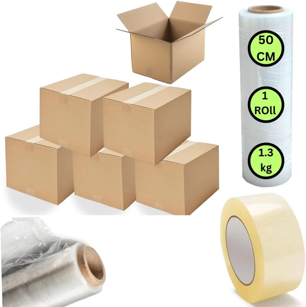 بسته 10 عددی جعبه مقوایی اسباب کشی Duchic™، ظرفیت 10 کیلوگرم، 45x32x23 سانتی متر، [1 رول] سلفون استرچ شفاف - 500 میلی متر (1.3 کیلوگرم)، نوار چسب بسته بندی شفاف [2 اینچ x 50 یارد] نوار بسته بندی قوی و سنگین برای مهر و موم