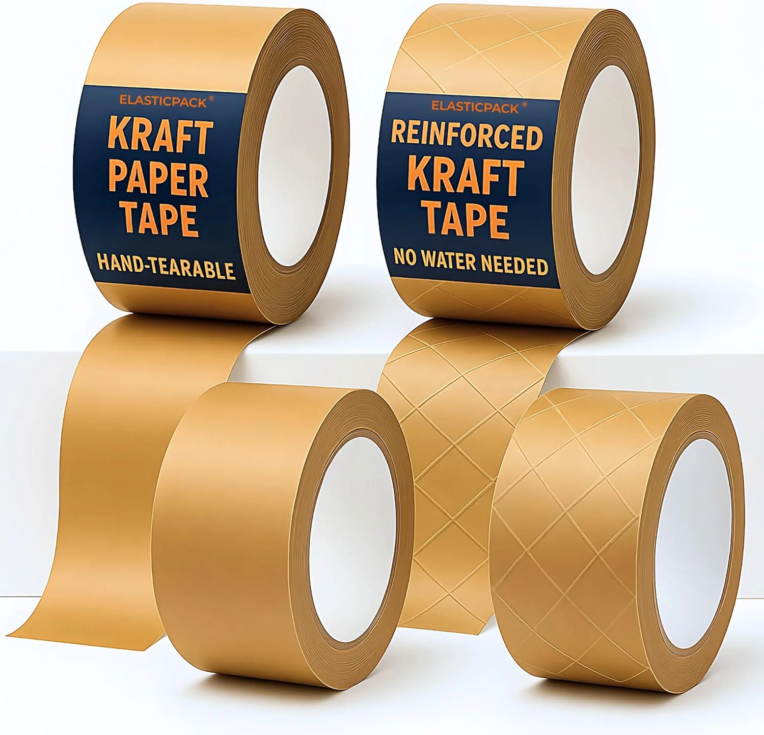 بسته متنوع 4 عددی چسب بسته بندی کاغذی Elasticpack - 2 عدد تقویت شده + 2 عدد قابل پاره شدن با دست، 49 میلی متر × 50 متر - چسب بسته بندی خود چسب برای حمل و نقل کسب و کارهای کوچک، بدون نیاز به دستگاه چسب - تجزیه پذیر، قهوه ای کرافت