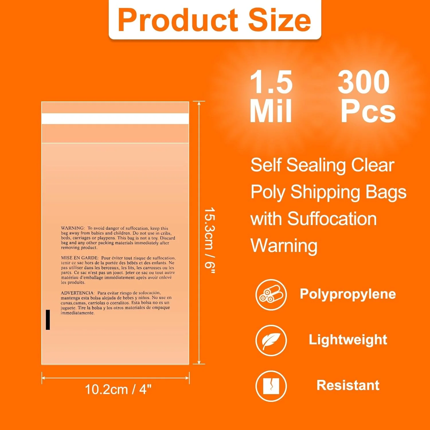 sourcing map 300 عدد کیسه پلی اتیلن شفاف خود چسب دار با هشدار خفگی، 10.2x15.3 سانتی متر کیسه های پستی پلی اتیلن شفاف با چسب فوق العاده قوی برای بسته بندی لوازم خرده فروشی
