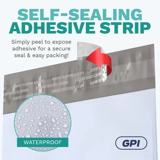 پاکت پستی پلی اتیلن سفید GPI - 12 x 15.5 اینچ، ضخامت 2.5 میل، بسته 100 عددی - پاکت های پستی ضد آب و ضد پارگی/سوراخ شدگی با چسب خود چسب، کیسه های پستی پلاستیکی بدون پد برای بسته بندی و حمل و نقل