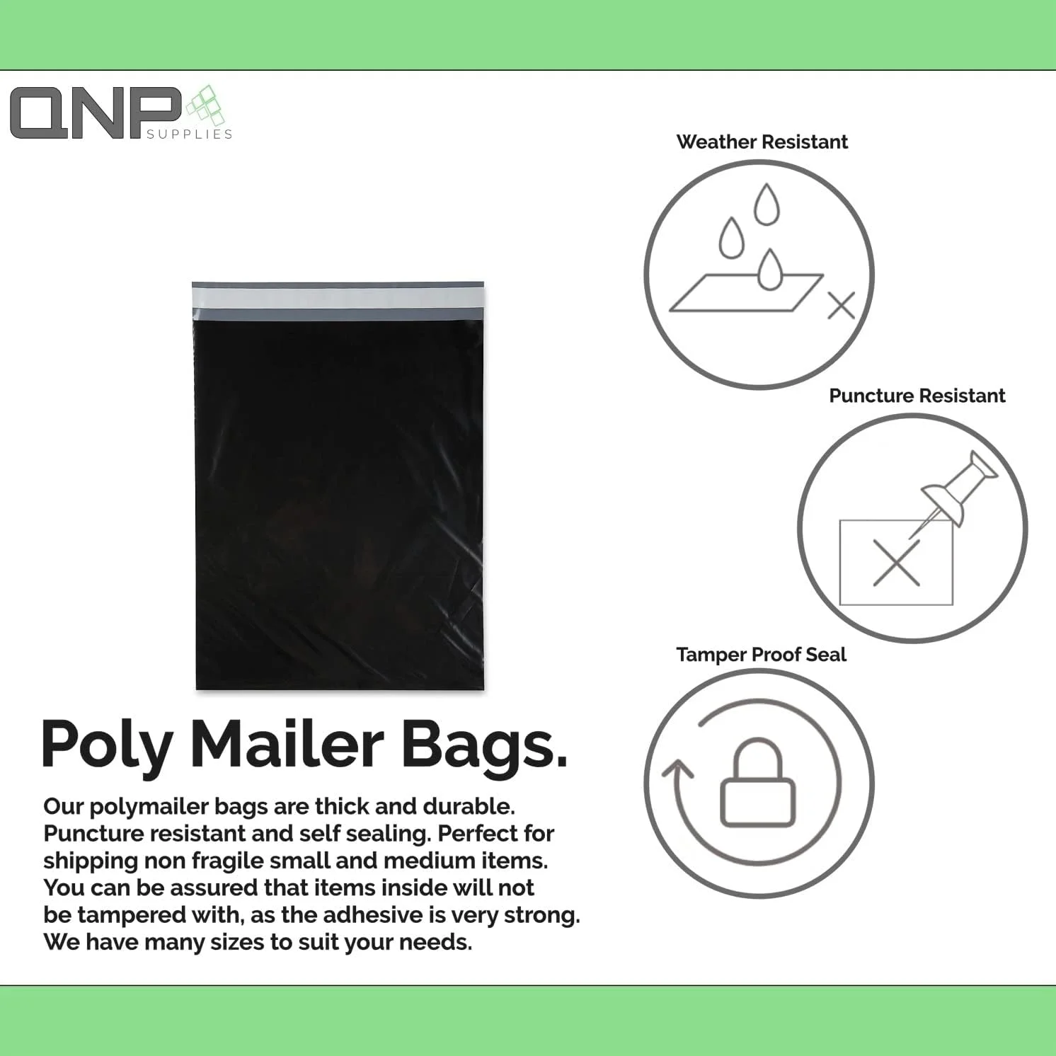 بسته 50 عددی پاکت پستی پلی اتیلن مشکی مات QNP، ضد آب، خود چسب، کیسه های پستی پلاستیکی (48x61 سانتی متر)