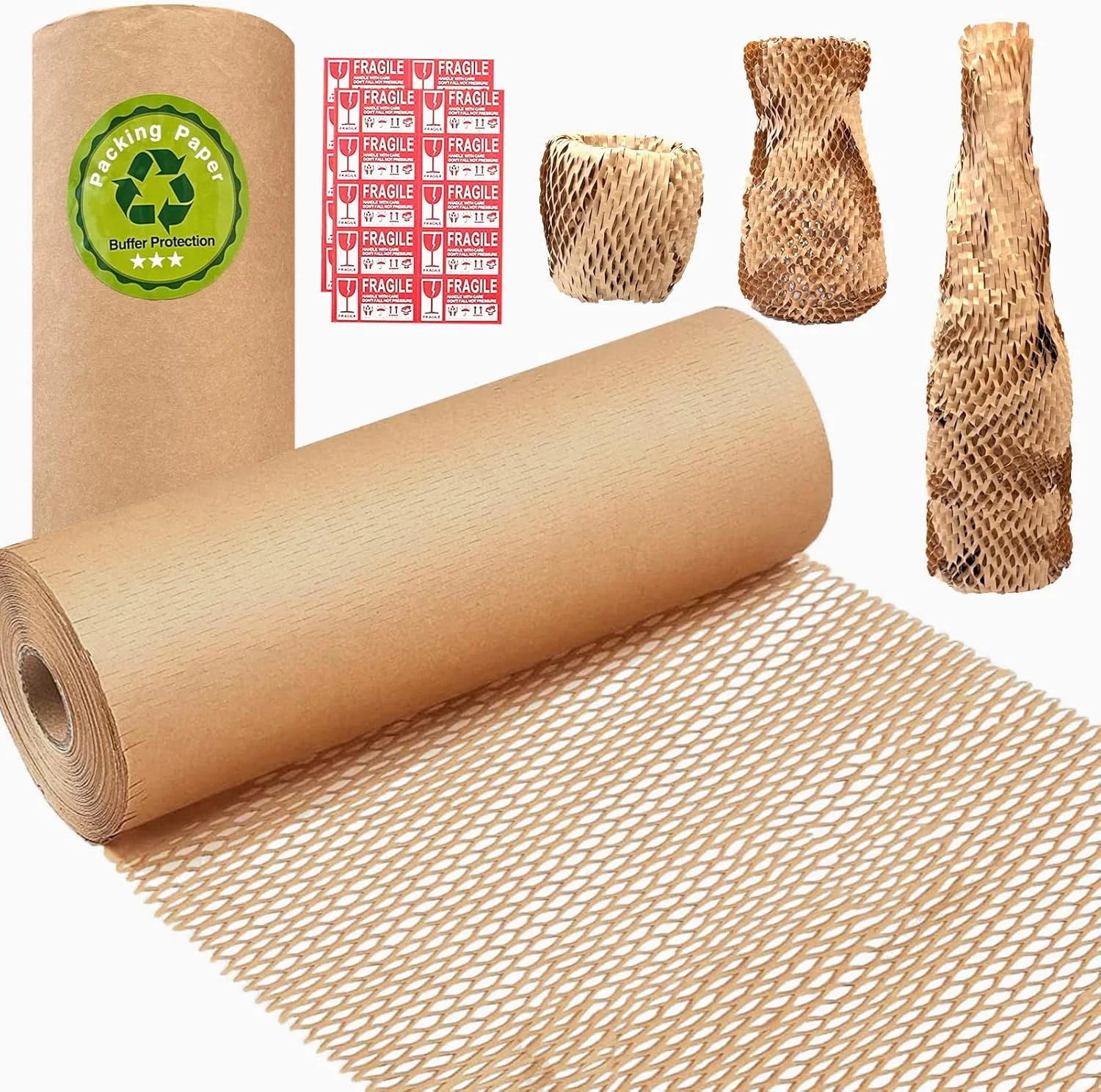 کاغذ بسته بندی لانه زنبوری، HONSREO 38 سانتی متر × 70 متر، مواد بالشتکی قابل بازیافت و سازگار با محیط زیست، محافظ حباب دار برای اسباب کشی و حمل و نقل لوازم شکستنی به همراه 20 عدد برچسب شکننده (قهوه ای)