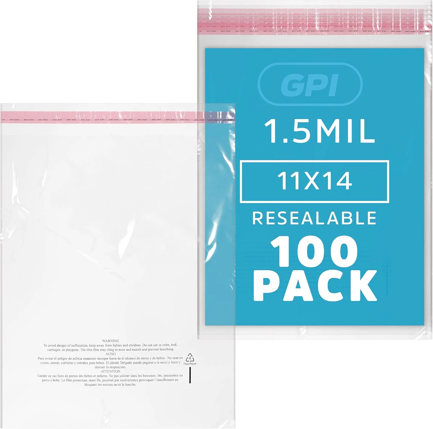 GPI - بسته 100 عددی کیسه های پلی اتیلن شفاف خود چسب 11" x 14"، 1.5 میل - کیسه های پلی اتیلن قابل مهر و موم مجدد با نوار چسب و هشدار خفگی برای بسته بندی تی شرت، لباس. ایده آل برای لوازم حمل و نقل با FBA