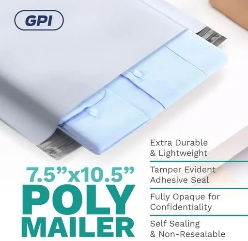 پاکت پستی پلی اتیلن سفید GPI - سایز 7.5 x 10.5 اینچ، ضخامت 2.5 میل، بسته 100 عددی - پاکت های پستی ضد آب و مقاوم در برابر پارگی/سوراخ شدگی با چسب خود چسب، کیسه های پستی پلاستیکی بدون پد برای بسته بندی و حمل و نقل