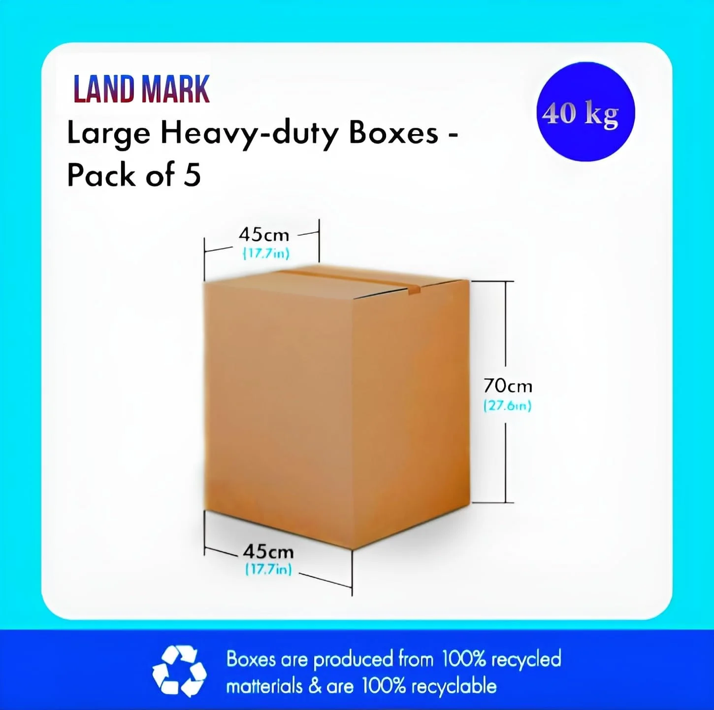 جعبه مقوایی اسباب کشی LAND MARK [بسته 5 عددی]، دو جداره بزرگ، 45x45x70 سانتی متر، ظرفیت 40 کیلوگرم، کارتن قهوه ای برای بسته بندی، حمل و نقل و نگهداری، 5 لایه