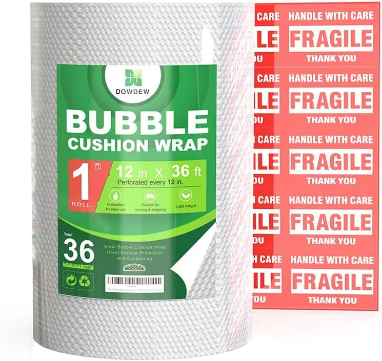 رول پلاستیک حبابدار سوراخ دار DowDew [در مجموع 36 فوت] [رول 12 اینچ در 36 فوت] بسته بندی ضربه گیر برای اسباب کشی، حمل و نقل، بسته بندی با 10 برچسب شکستنی