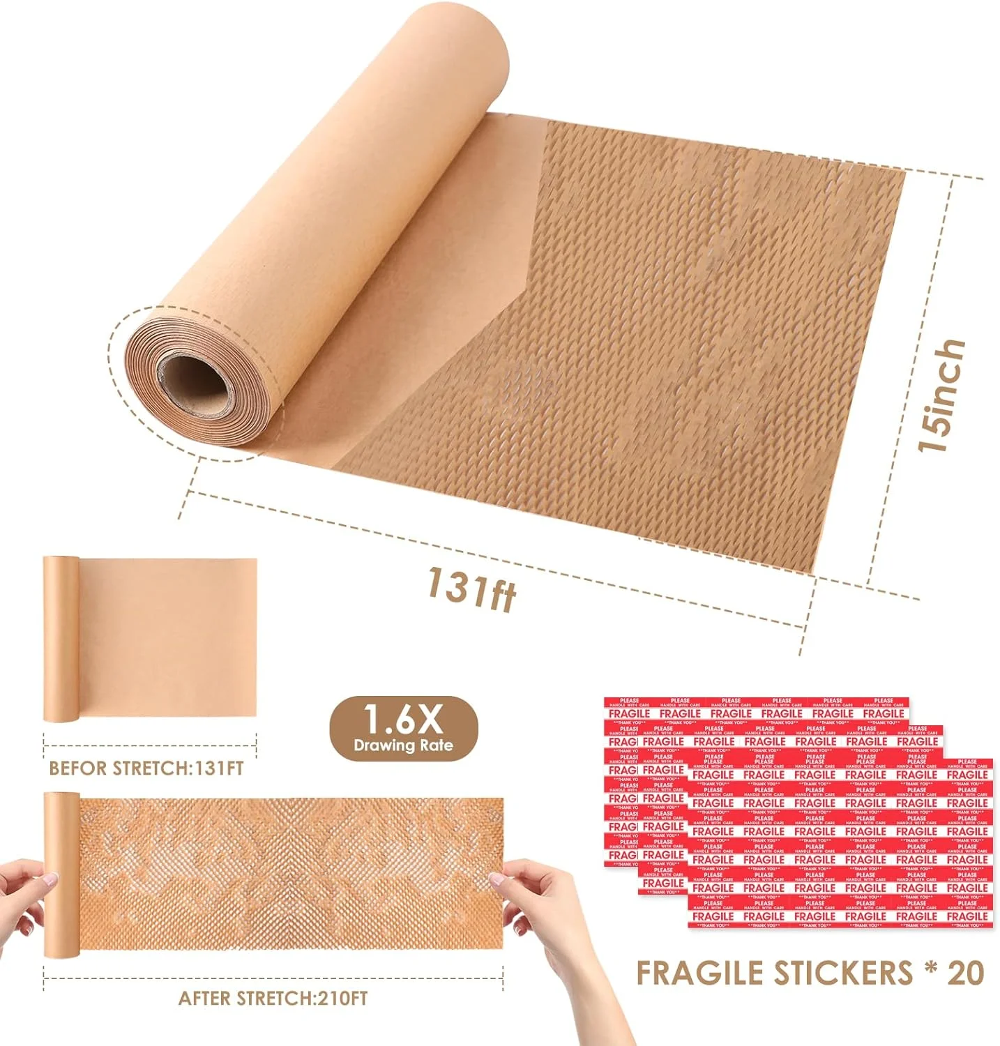 کاغذ بسته بندی لانه زنبوری، 38 سانتی متر عرض × 40 متر طول، مواد بسته بندی حباب دار برای اسباب کشی، حمل و نقل، بسته بندی، رول کاغذ بسته بندی قابل بازیافت و تجزیه پذیر با 20 برچسب شکننده