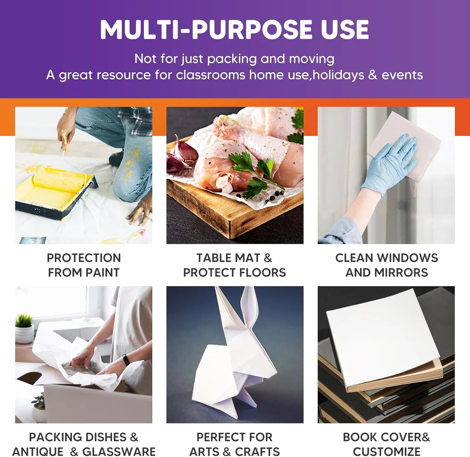 ورق های کاغذ بسته بندی برای لوازم اسباب کشی، ورق های کاغذ روزنامه برای بسته بندی جعبه های اسباب کشی، لوازم حمل و نقل، بسته بندی ظروف شیشه ای، کاغذ بسته بندی 9 پوند، 350 ورق، 26" x 15"