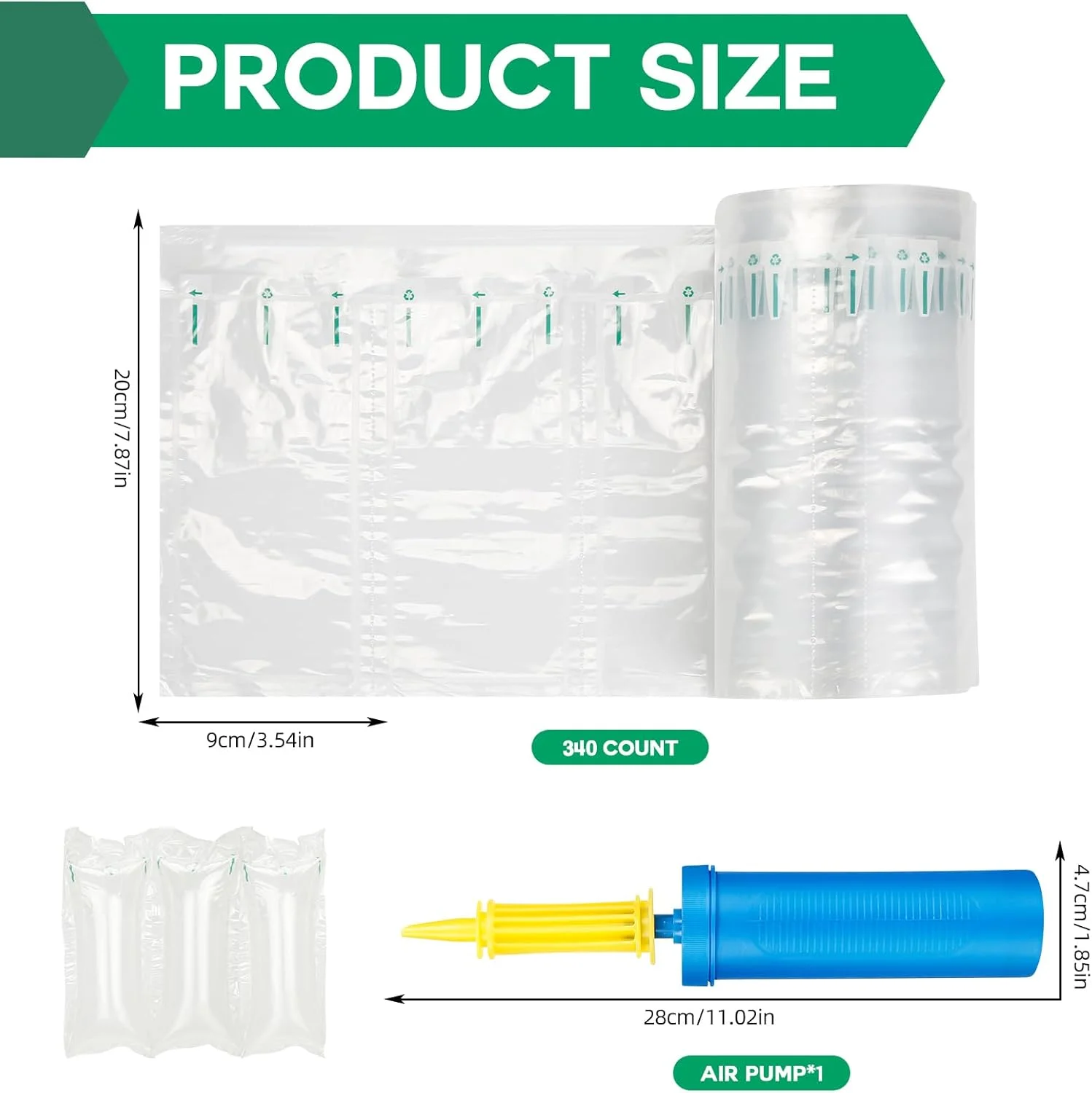 بالشتک های هوا برای حمل و نقل - 340 عدد 9x20 سانتی متر کیسه های هوای بسته بندی بادی با پمپ، جایگزین قابل بازیافت برای پر کردن جعبه، مناسب برای شکل دادن به کیف دستی - محافظت بهتر در حمل و نقل