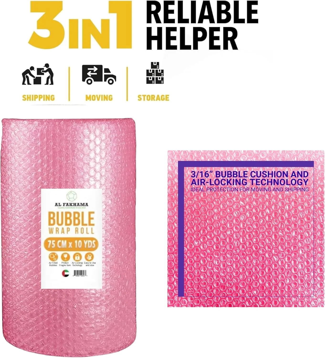 رول پلاستیک حبابدار صورتی روشن الفخامه [75 سانتی متر × 10 متر / 30 اینچ × 320 فوت]، روکش بسته بندی، ضد الکتریسیته ساکن، با چگالی بالا، بادوام و مقاوم در برابر رطوبت برای بسته بندی، حمل و نقل و جابجایی - 1 رول صورتی