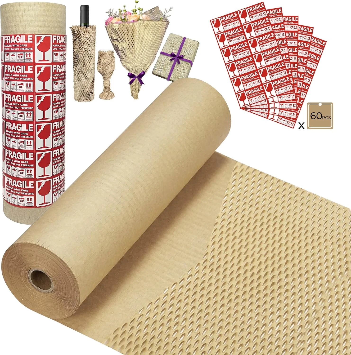 کاغذ بسته بندی لانه زنبوری 15 اینچ در 500 فوت، جایگزین مناسب برای پلاستیک حباب دار برای بسته بندی اسباب کشی و حمل و نقل، لوازم اسباب کشی قابل بازیافت به همراه 60 برچسب شکننده