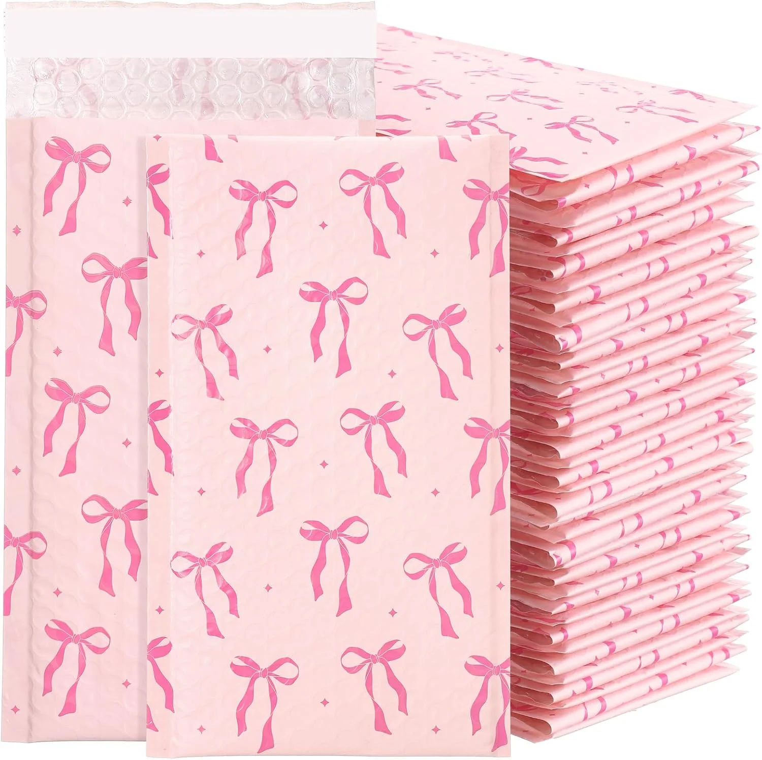 بسته 100 عددی پاکت های پستی حبابدار پاپیونی صورتی 15x25 سانتی متر، پاکت های حبابدار صورتی چسب دار، پاکت های بالشتکی ضد آب زیبا برای بسته بندی، حمل و نقل، ارسال پستی، لوازم بوتیک