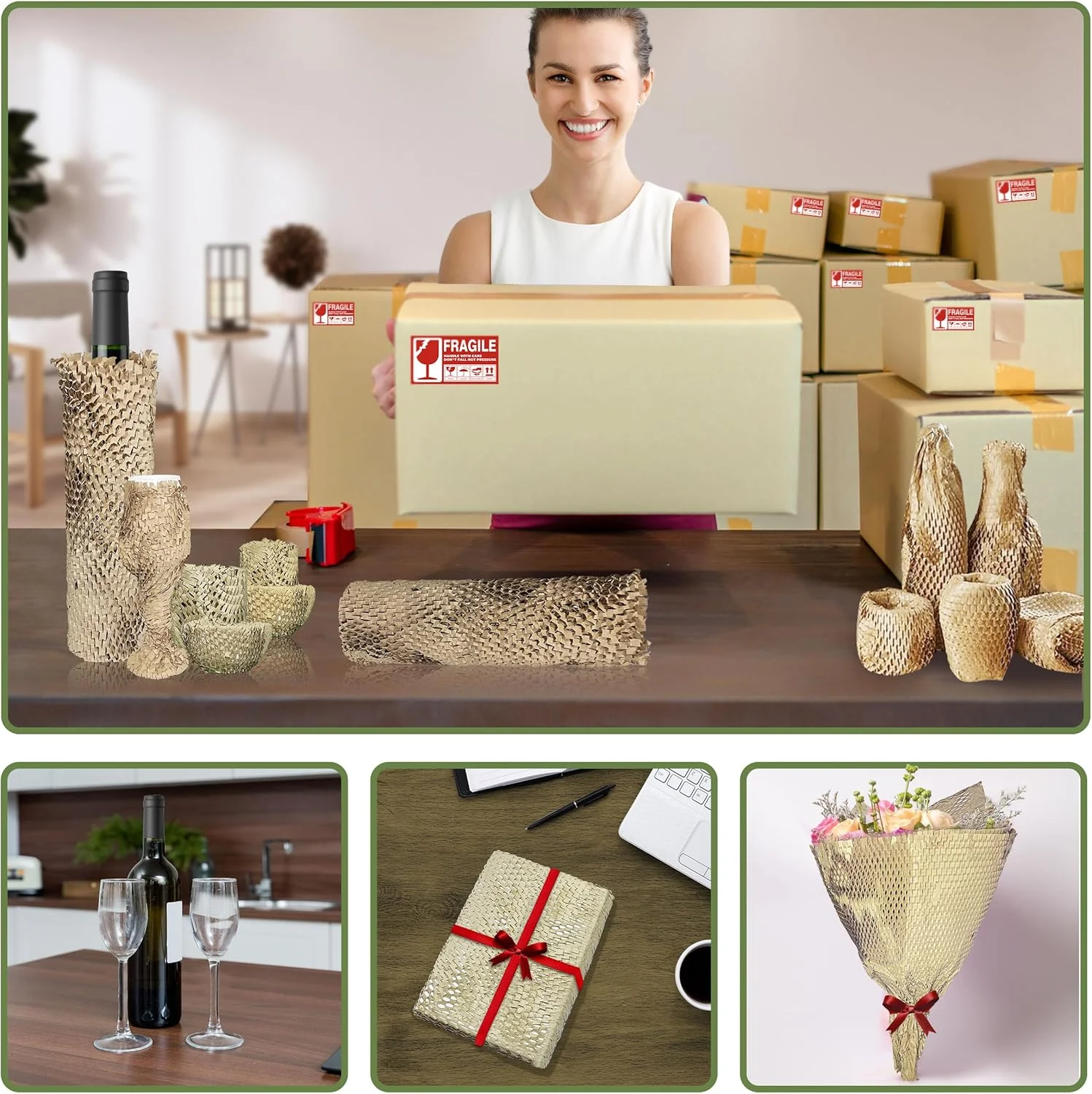 کاغذ بسته بندی لانه زنبوری 15 اینچ در 500 فوت، جایگزین مناسب برای پلاستیک حباب دار برای بسته بندی اسباب کشی و حمل و نقل، لوازم اسباب کشی قابل بازیافت به همراه 60 برچسب شکننده