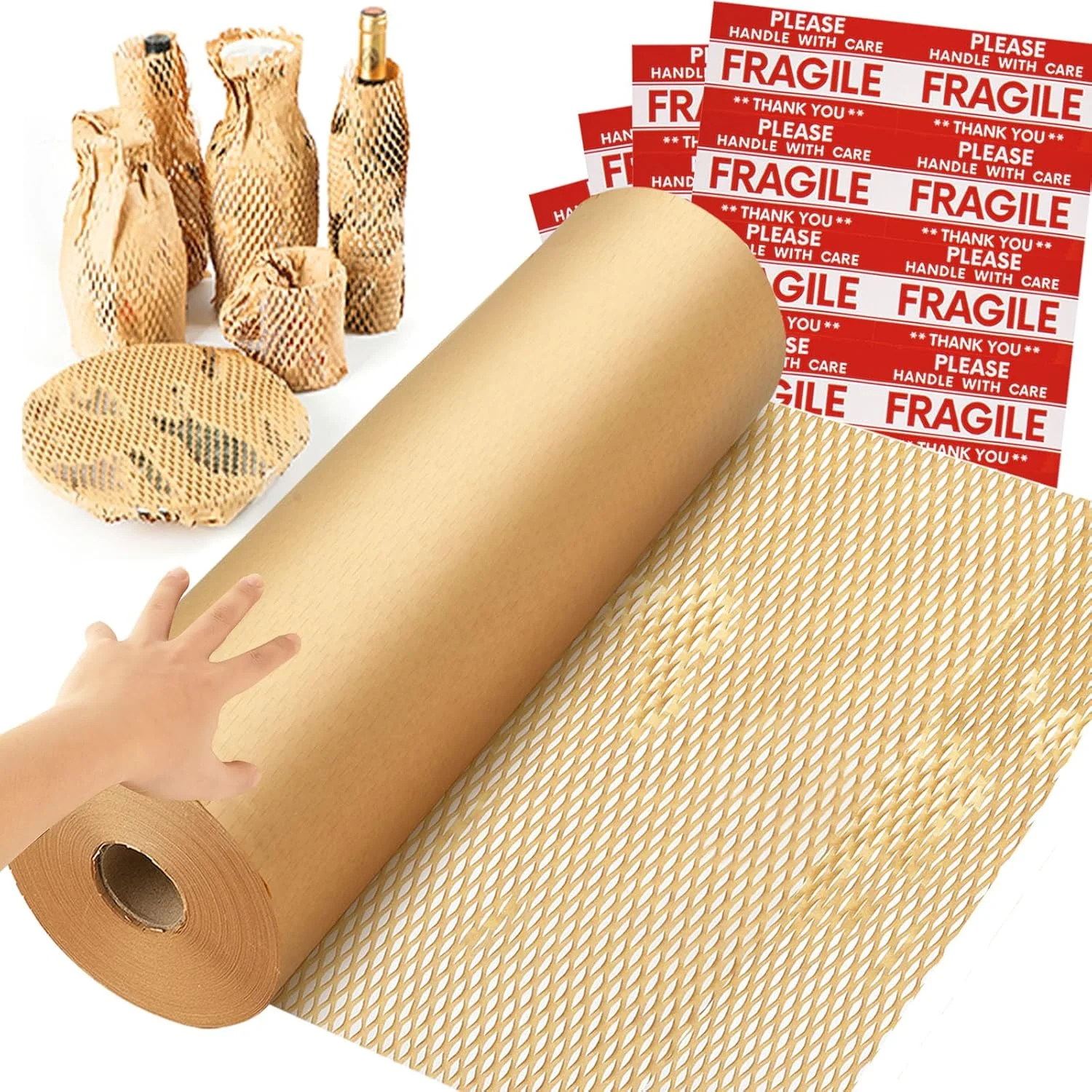 کاغذ بسته بندی لانه زنبوری NAPALOOK، 15 اینچ در 600 فوت، جایگزین مناسب برای بسته بندی حباب دار برای اسباب کشی، بسته بندی حمل و نقل، لوازم اسباب کشی قابل بازیافت با 48 برچسب شکننده