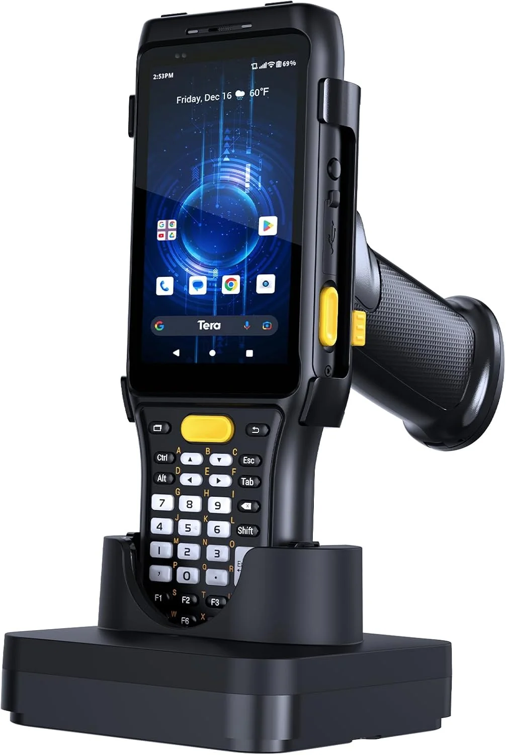 بارکد اسکنر اندروید Tera Pro: 37 کلید Zebra SE4750MR، برد اسکن 13 فوت، پردازنده Qualcomm، باتری 6700mAh با قابلیت تعویض سریع، اندروید 11، بارکدخوان دستی PDA 1D 2D QR، پایه شارژ، دسته تپانچه ای، 4G BT 5.0 Wi-Fi GPS P161