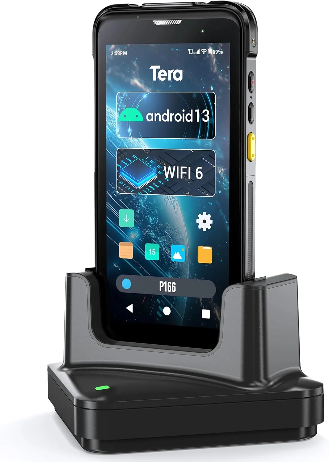 بارکد خوان ارتقا یافته Tera با اندروید 13: پردازنده Qualcomm به همراه پایه شارژ، PDA مقاوم و قابل حمل، QR 2D با اسکنر Zebra SE4710، صفحه نمایش 5.5 اینچی HD، NFC، 4G، Wi-Fi، GPS، BT برای مدیریت WMS مدل P166 PRO
