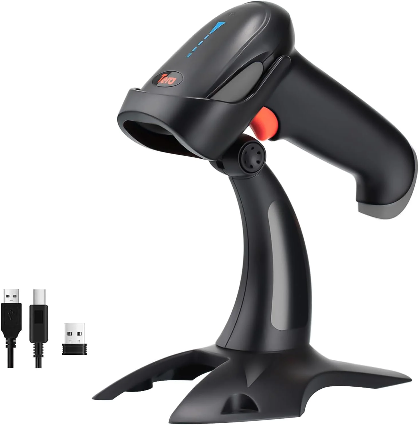 اسکنر بارکدخوان دوبعدی QR بی‌سیم Tera Pro با پایه، 3 در 1 بلوتوث و 2.4 گیگاهرتز بی‌سیم و USB سیمی، اتصال به تلفن هوشمند تبلت PC با هشدار لرزشی مدل HW0002