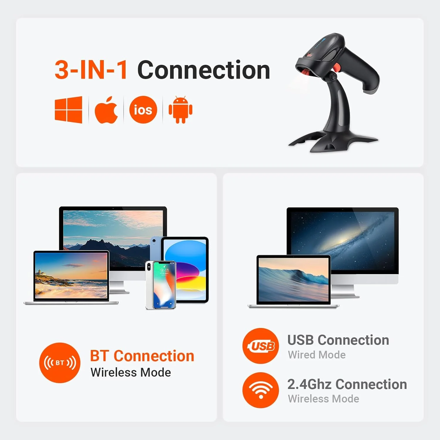 اسکنر بارکدخوان دوبعدی QR بیسیم Tera Pro با پایه، 3 در 1 بلوتوث و 2.4 گیگاهرتز بیسیم و USB سیمی، اتصال به تلفن هوشمند تبلت PC با هشدار لرزشی مدل HW0002 اسکنر بارکدخوان دوبعدی QR بیسیم Tera Pro با پایه، 3 در 1 بلوتوث و 2.4 گیگاهرتز بیسیم و USB سیمی، اتصال به تلفن هوشمند تبلت PC با هشدار لرزشی مدل HW0002